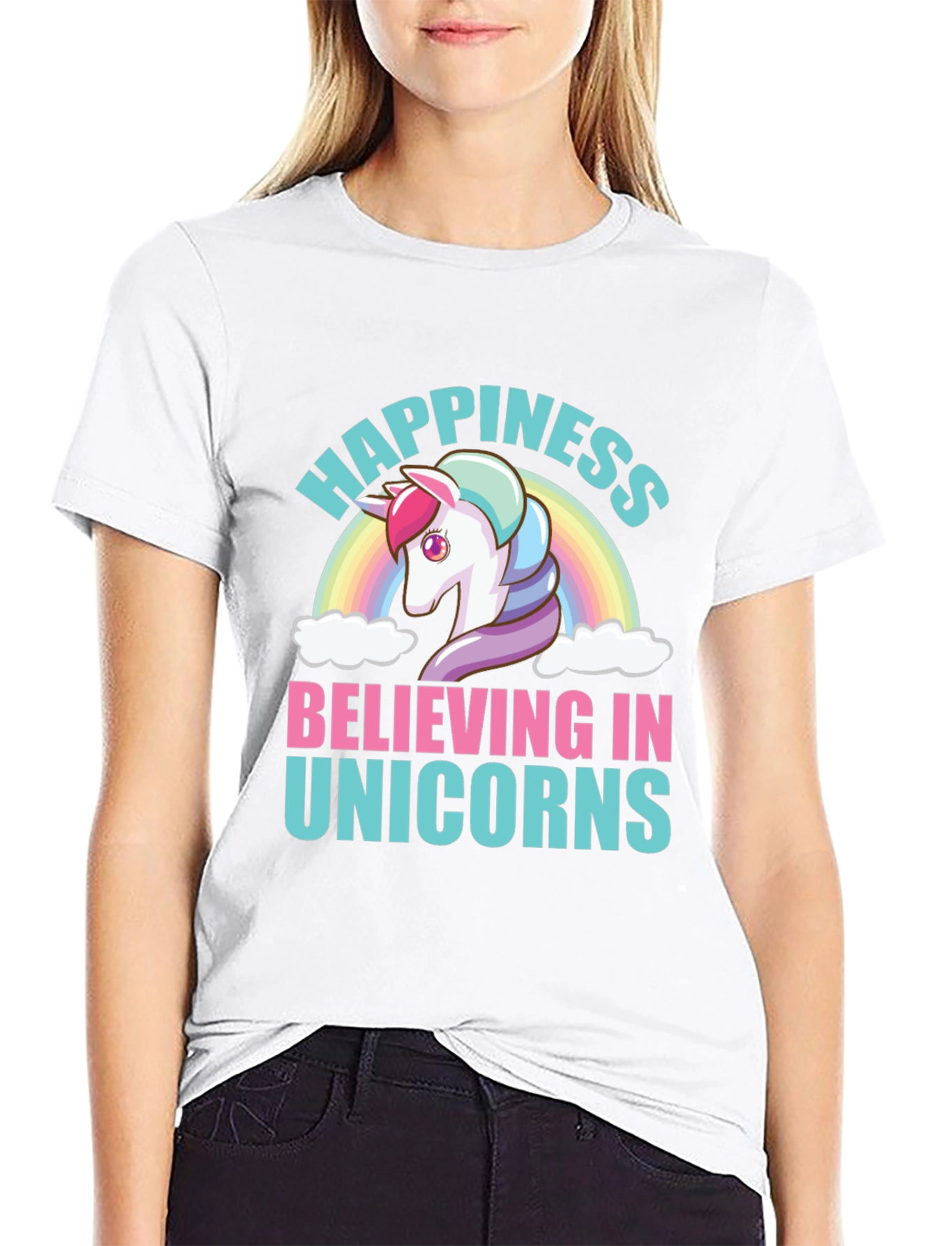 Happiness Believing in Unicorns Black T-Shirt