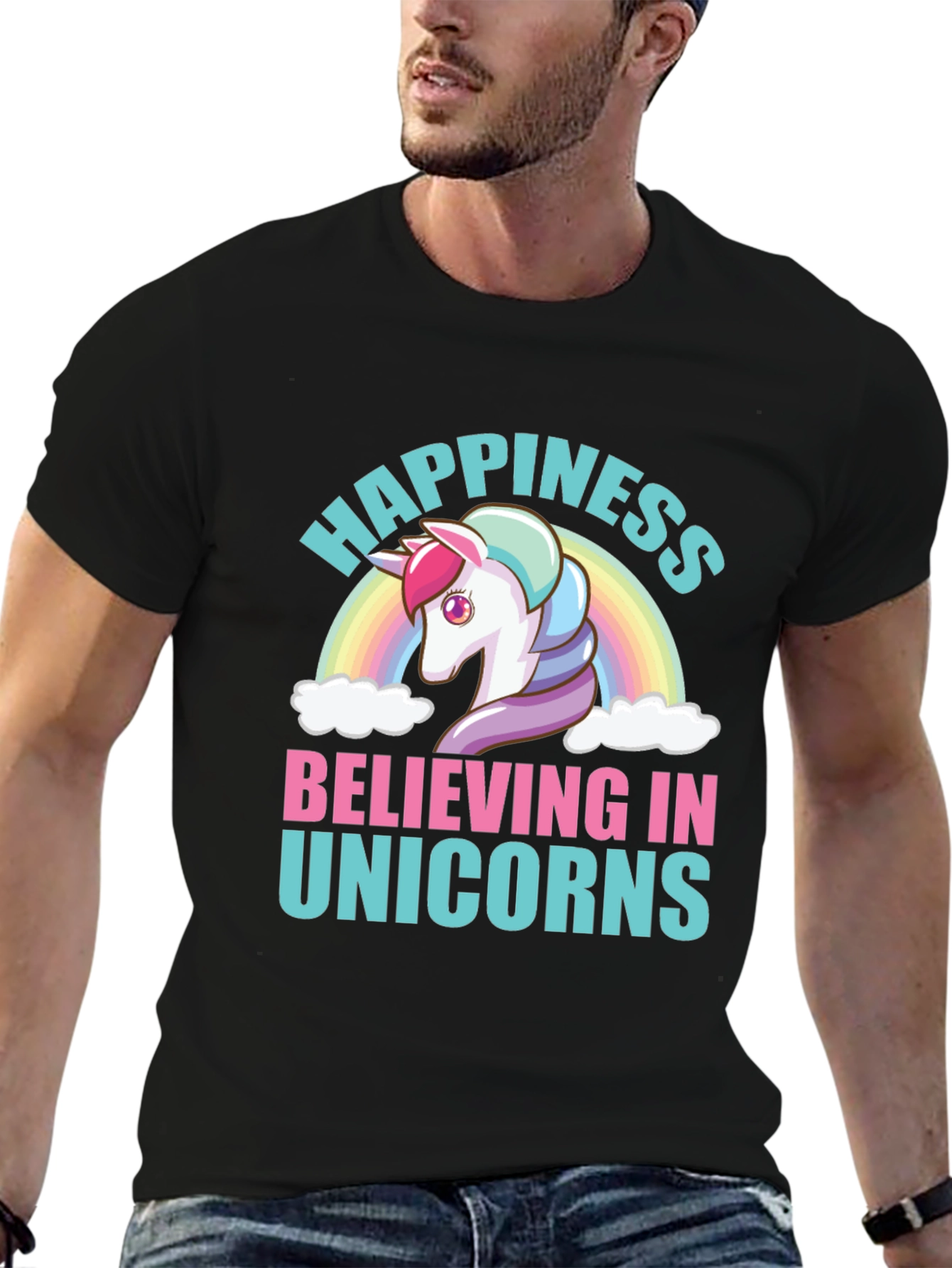 Happiness Believing in Unicorns Black T-Shirt
