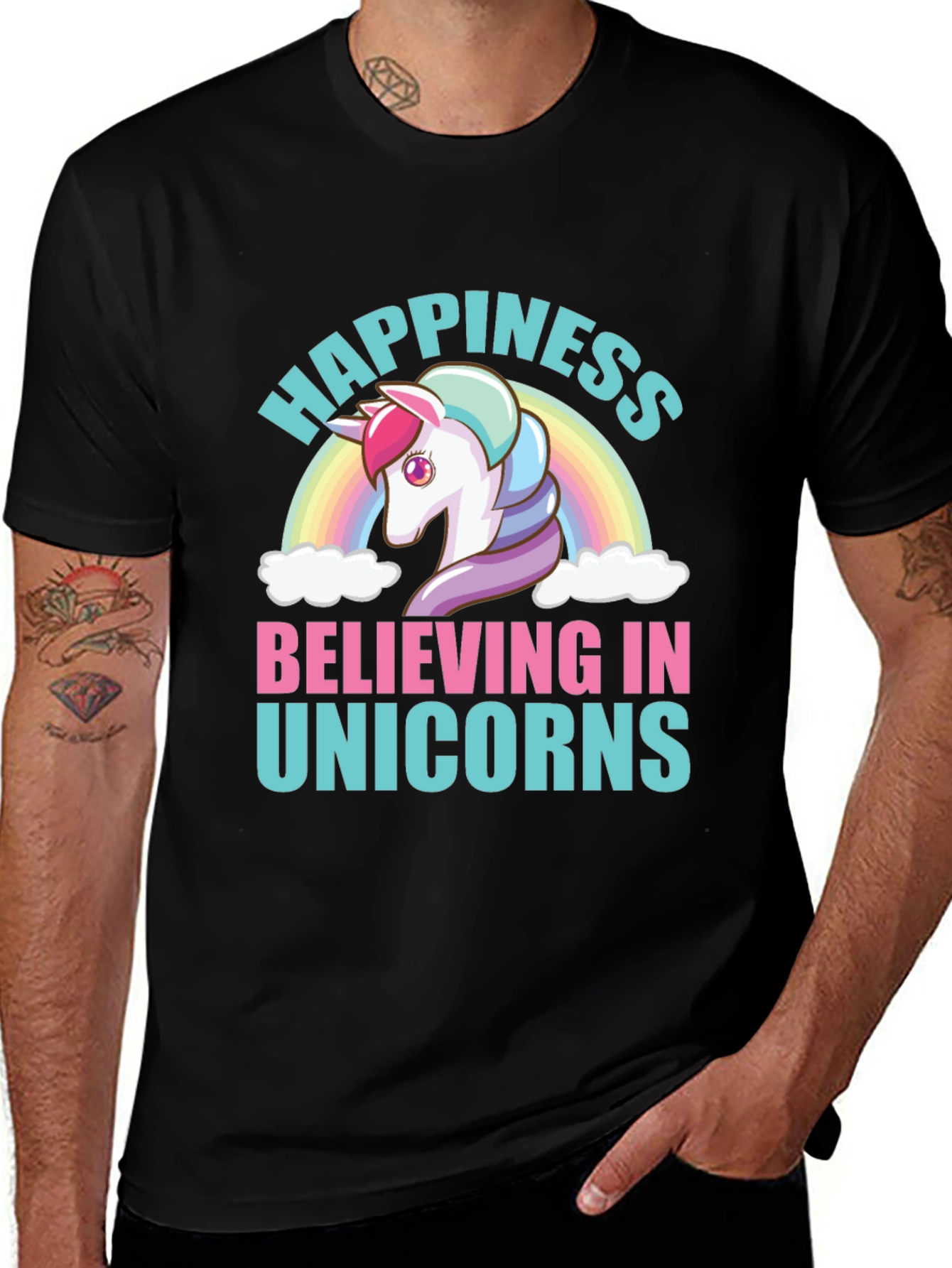 Happiness Believing in Unicorns Black T-Shirt