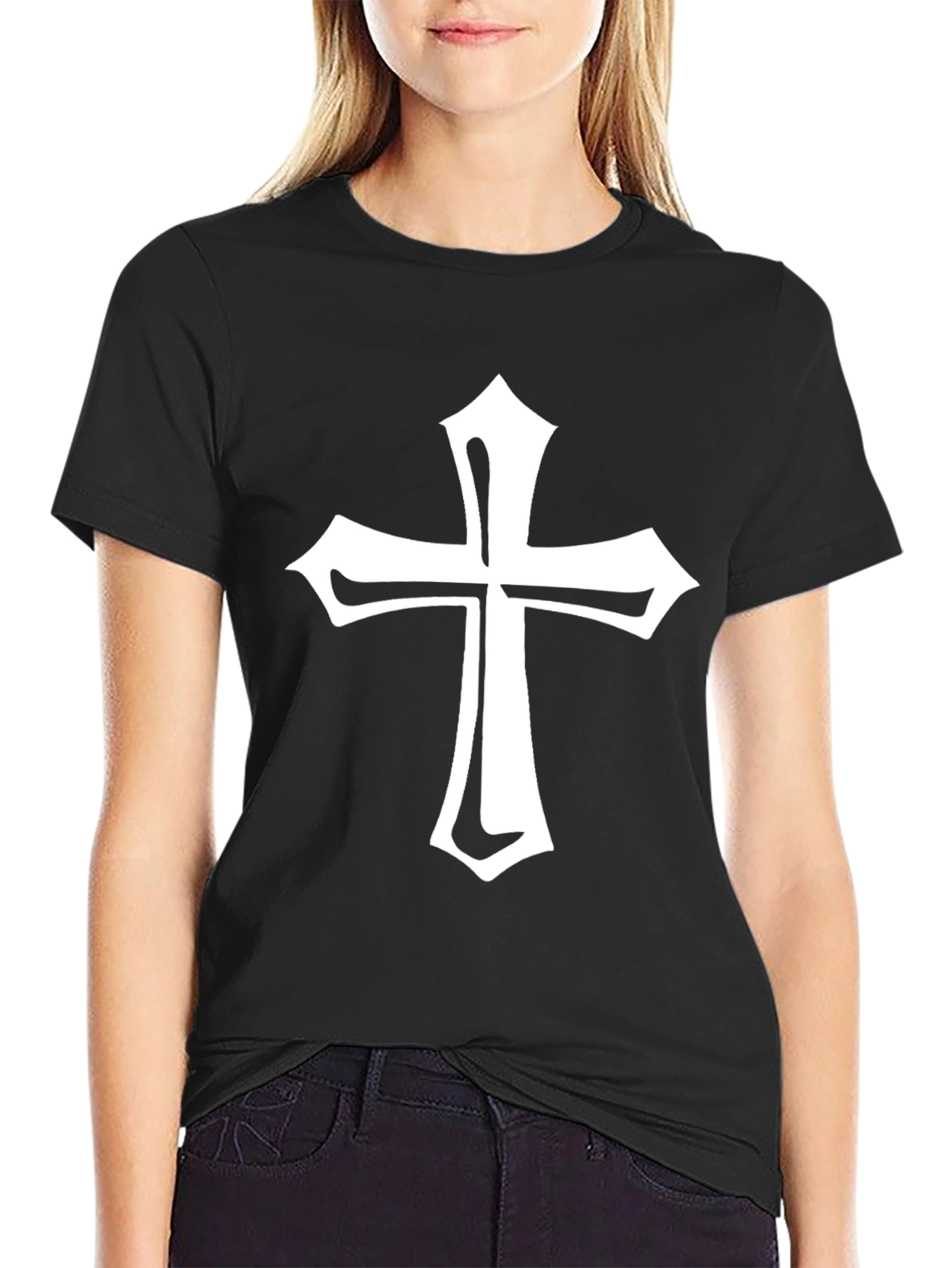 Black Tee with White Cross Graphic