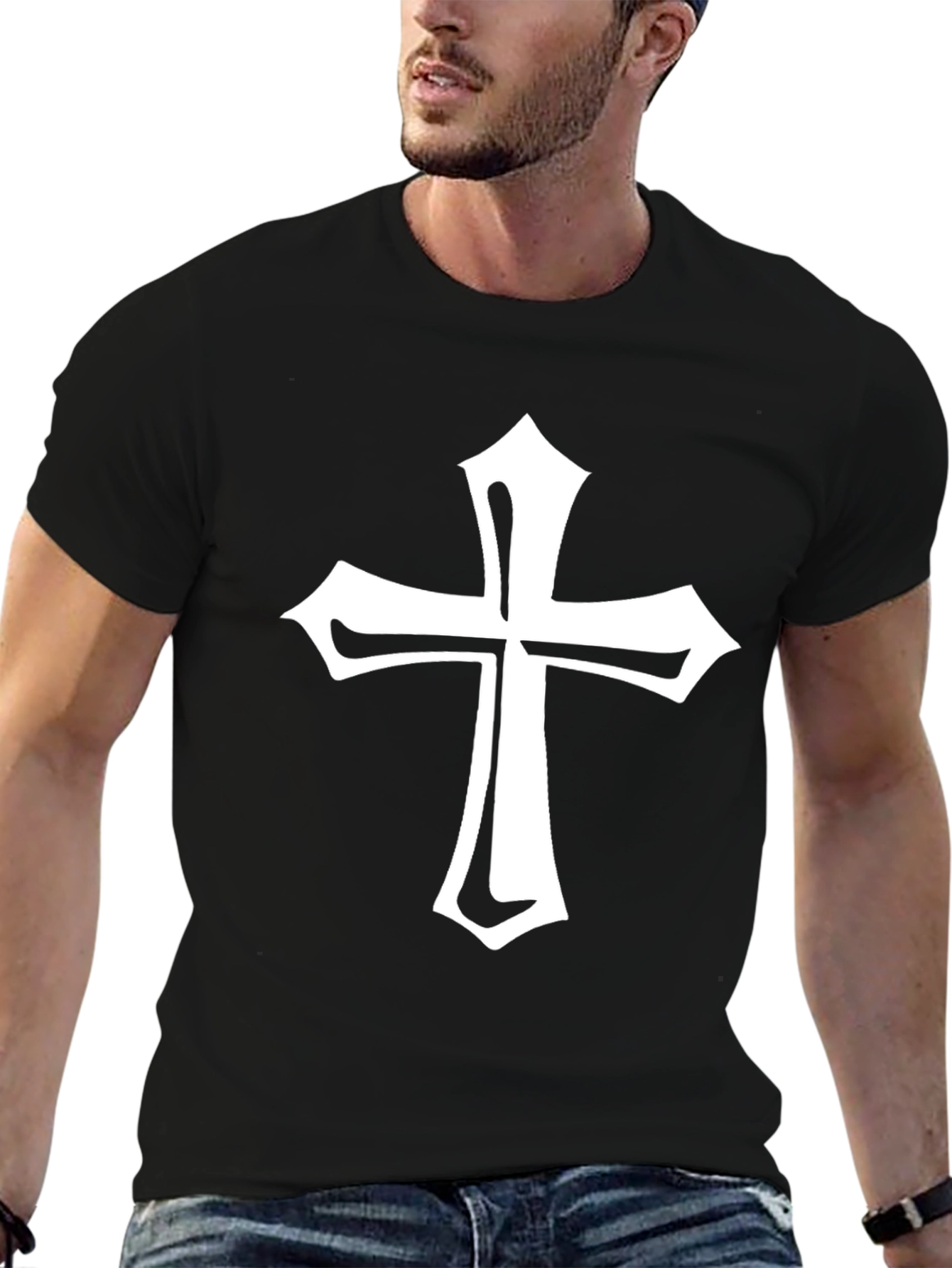 Black Tee with White Cross Graphic