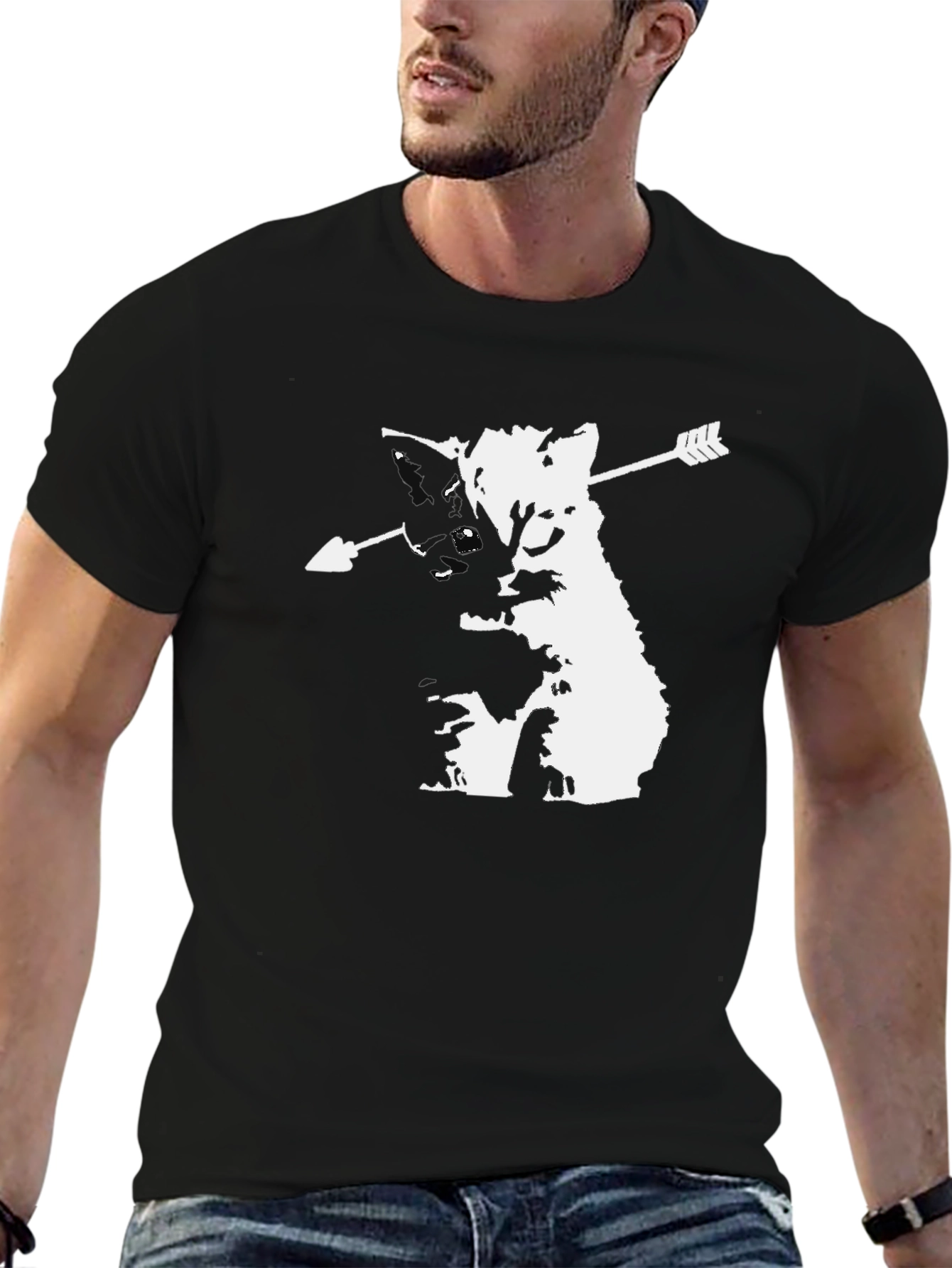 Arrow Cat Graphic Tee - Black Cotton T-Shirt