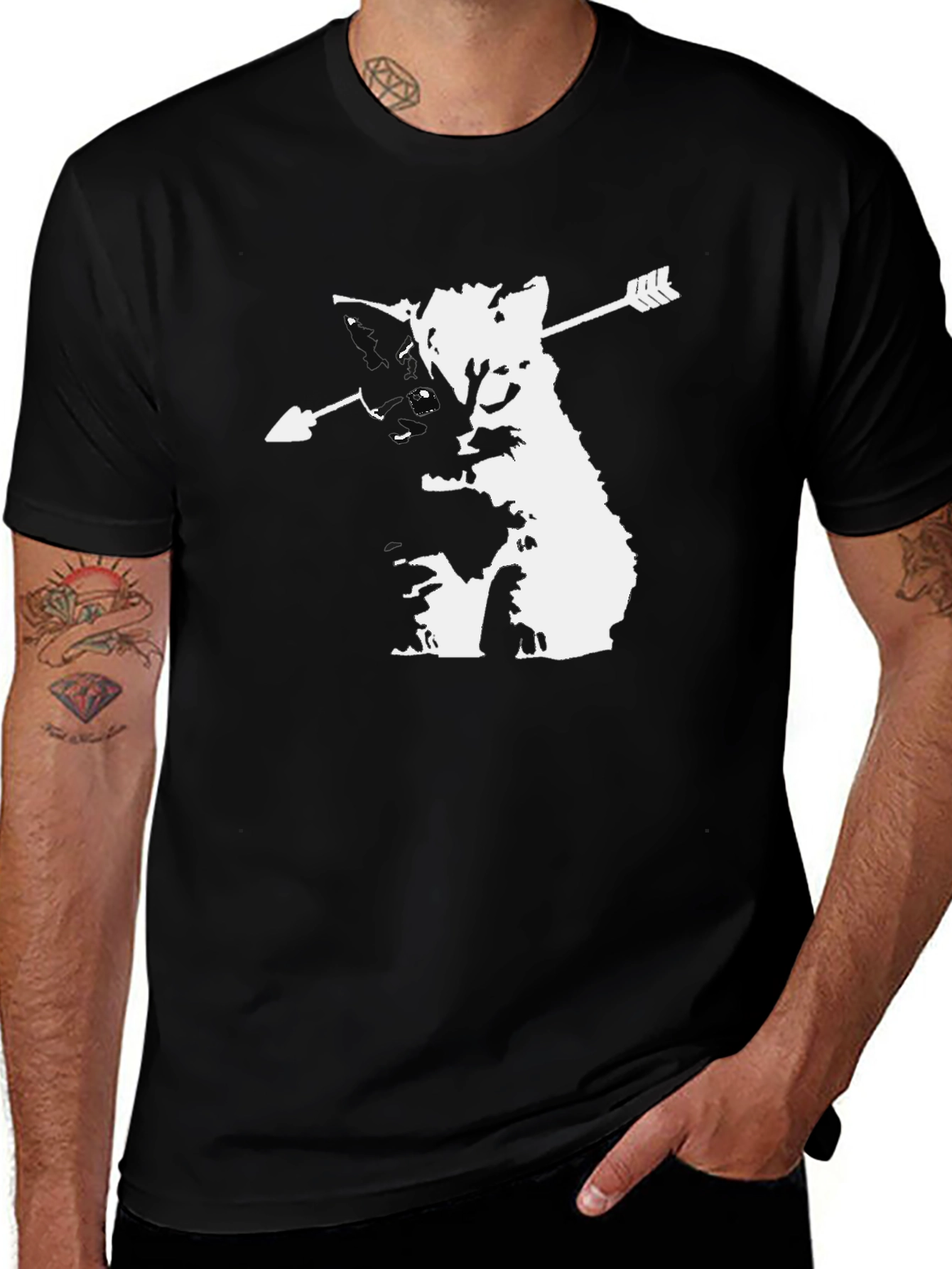 Arrow Cat Graphic Tee - Black Cotton T-Shirt