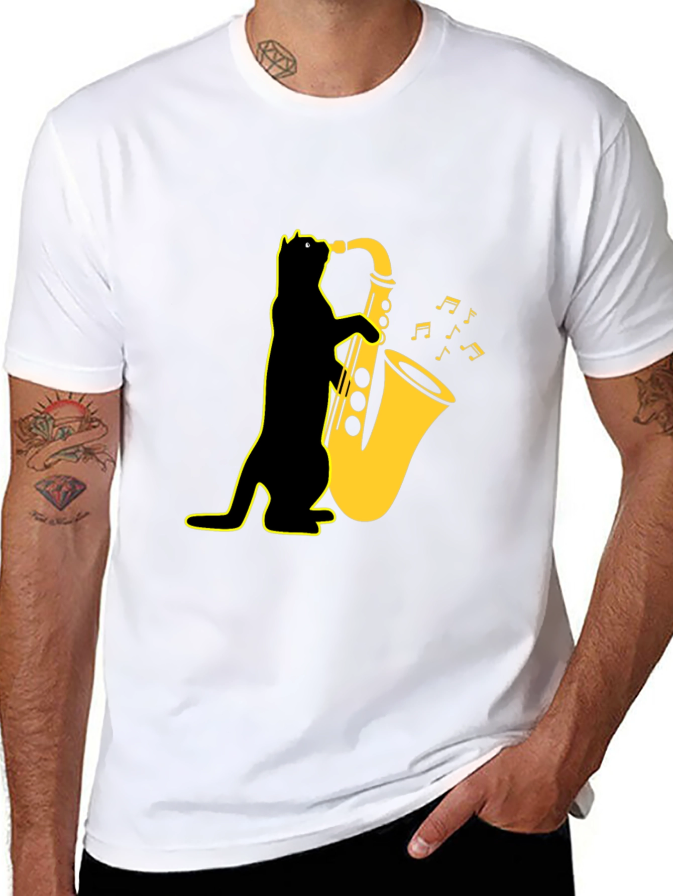 Cool Cat Saxophone T-Shirt - Black Unique Design