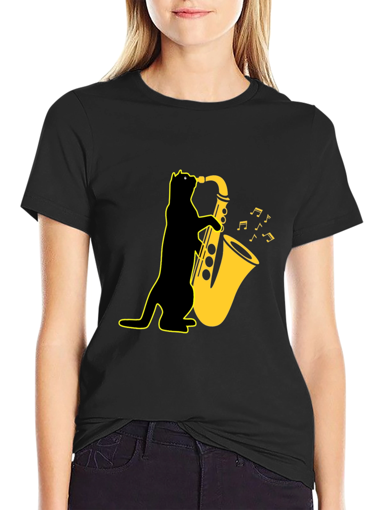 Cool Cat Saxophone T-Shirt - Black Unique Design