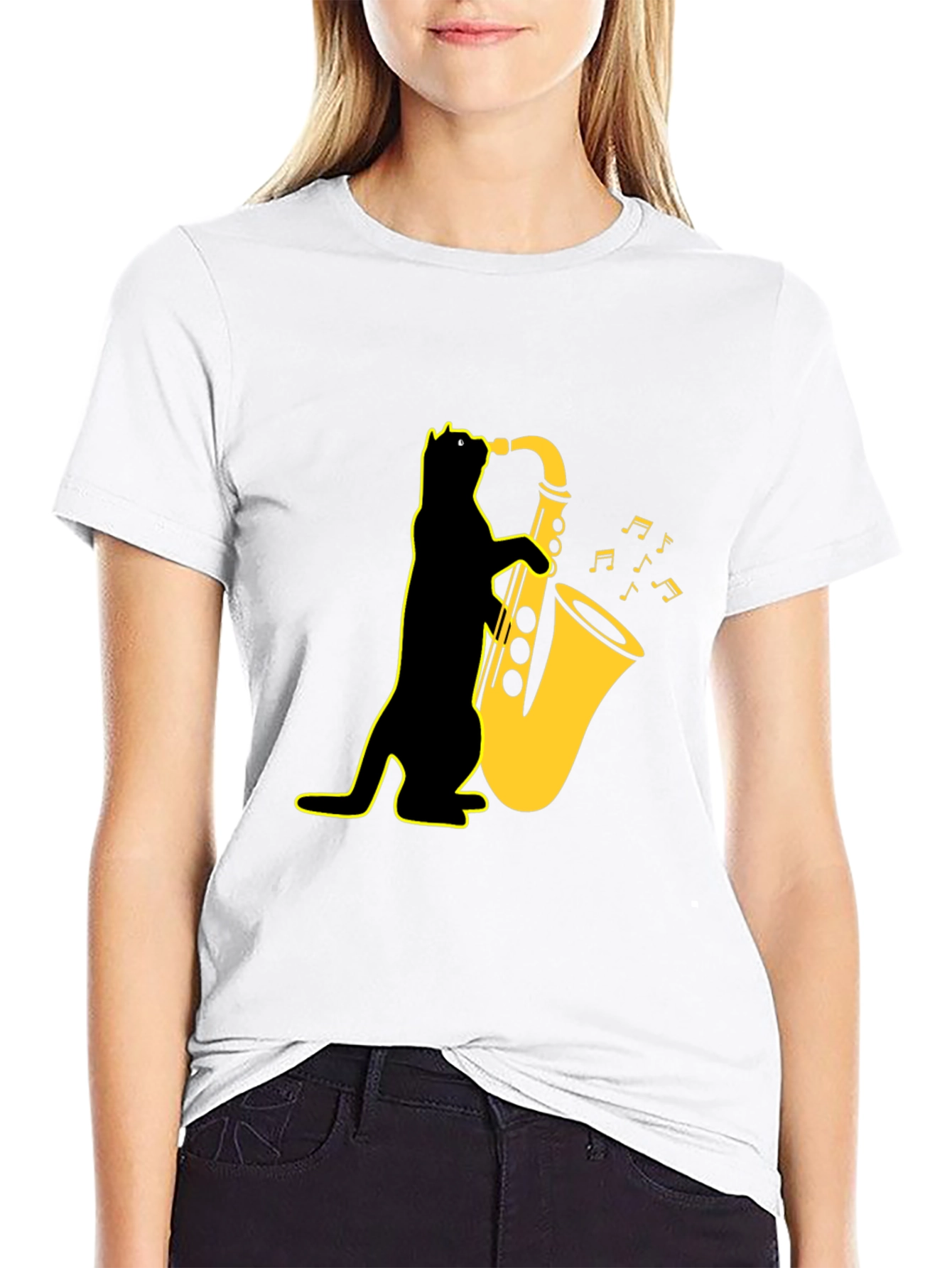 Cool Cat Saxophone T-Shirt - Black Unique Design