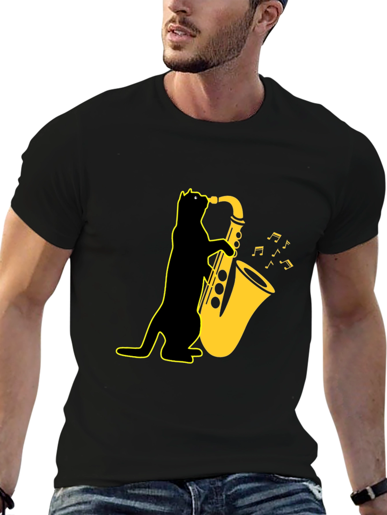 Cool Cat Saxophone T-Shirt - Black Unique Design