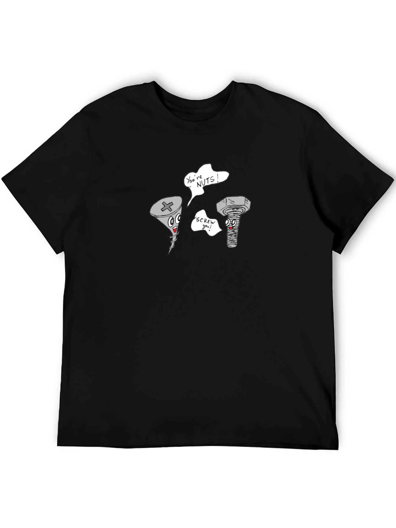 Funny Screw & Nut Cartoon Black T-Shirt