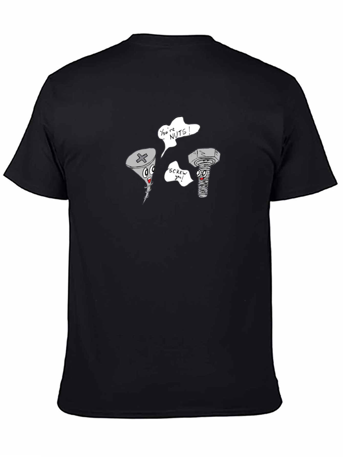 Funny Screw & Nut Cartoon Black T-Shirt