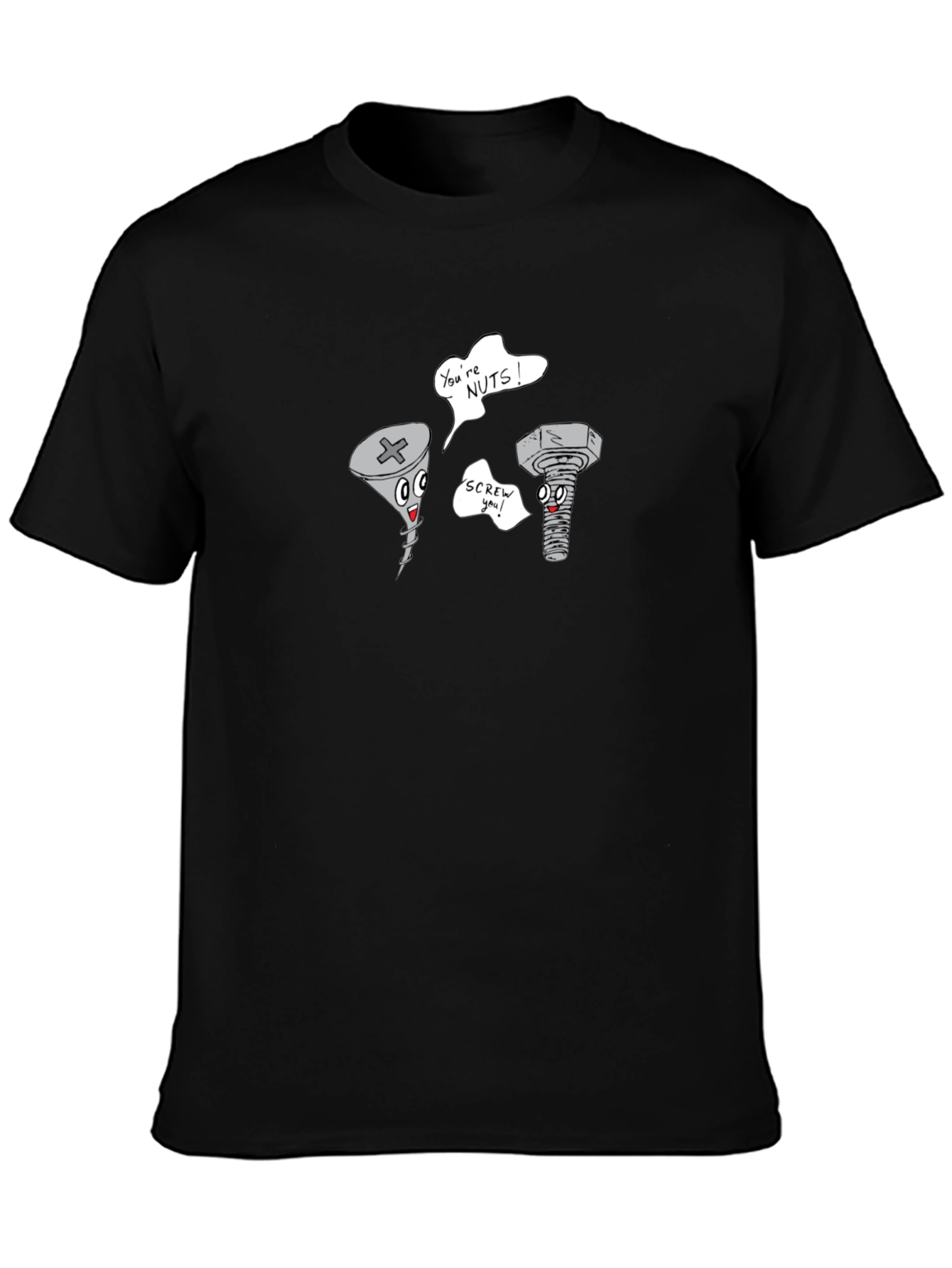 Funny Screw & Nut Cartoon Black T-Shirt