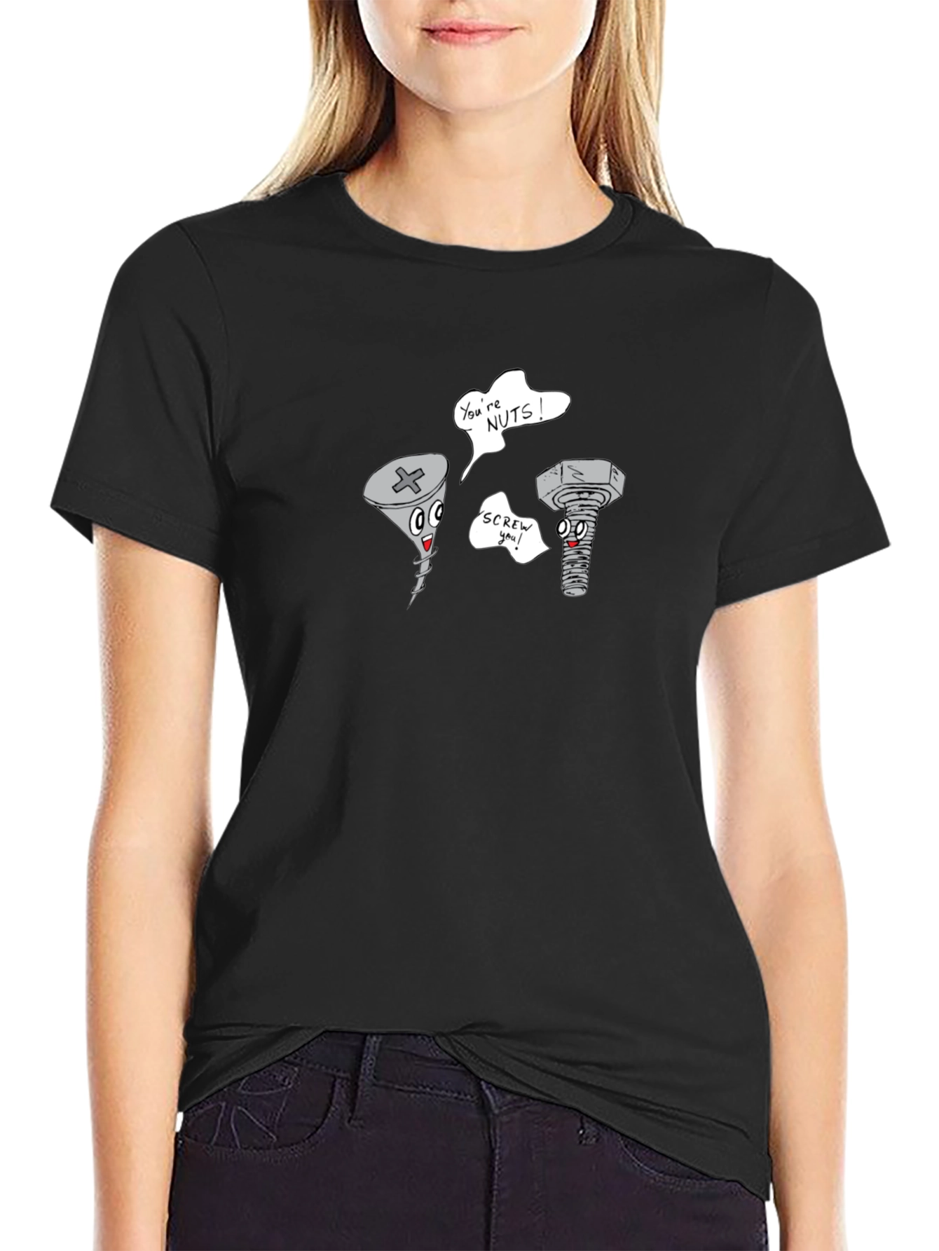 Funny Screw & Nut Cartoon Black T-Shirt