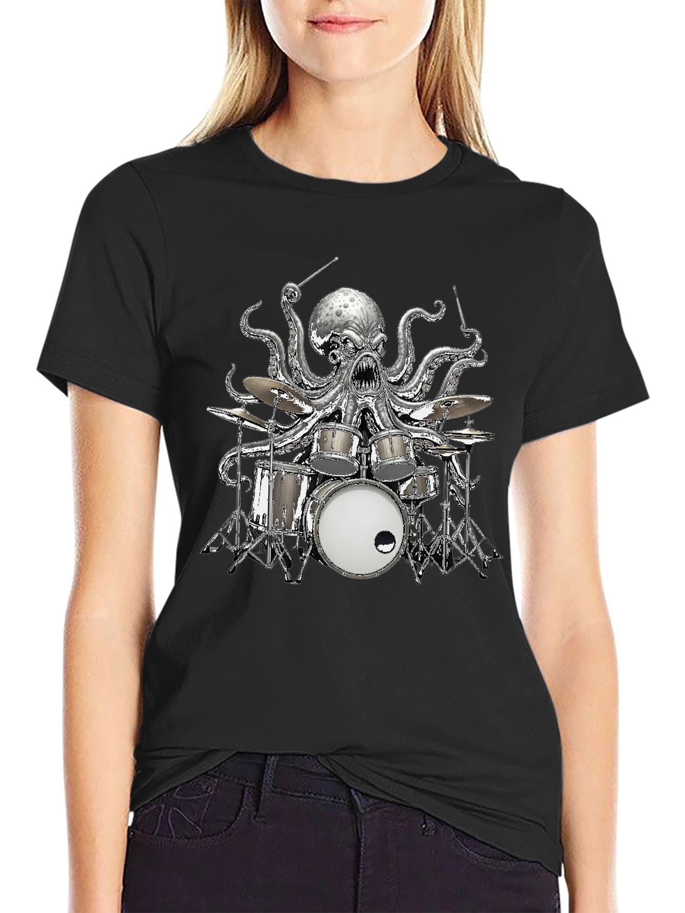 Octopus Drummer Graphic T-Shirt - Black Cotton Tee