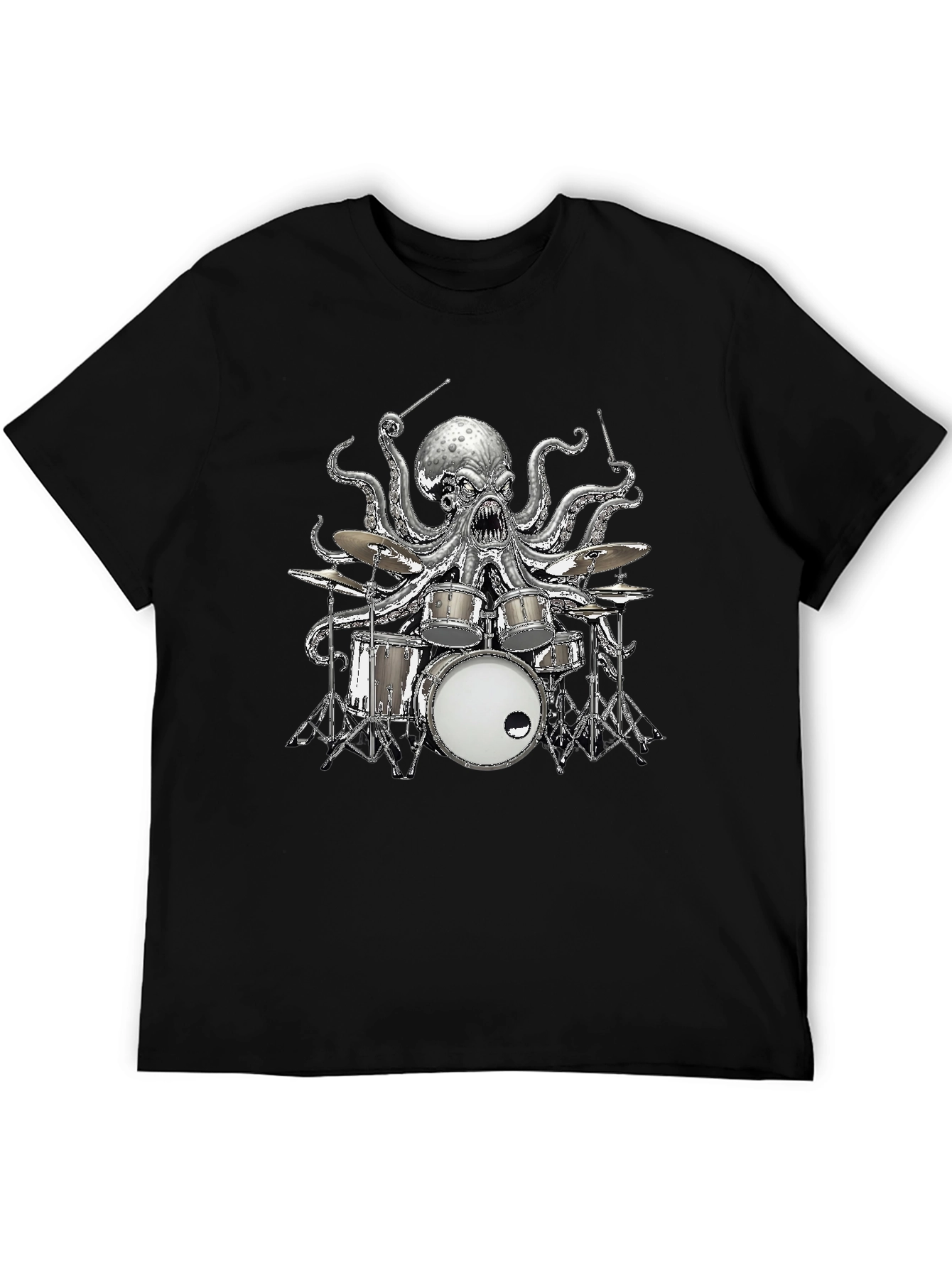 Octopus Drummer Graphic T-Shirt - Black Cotton Tee