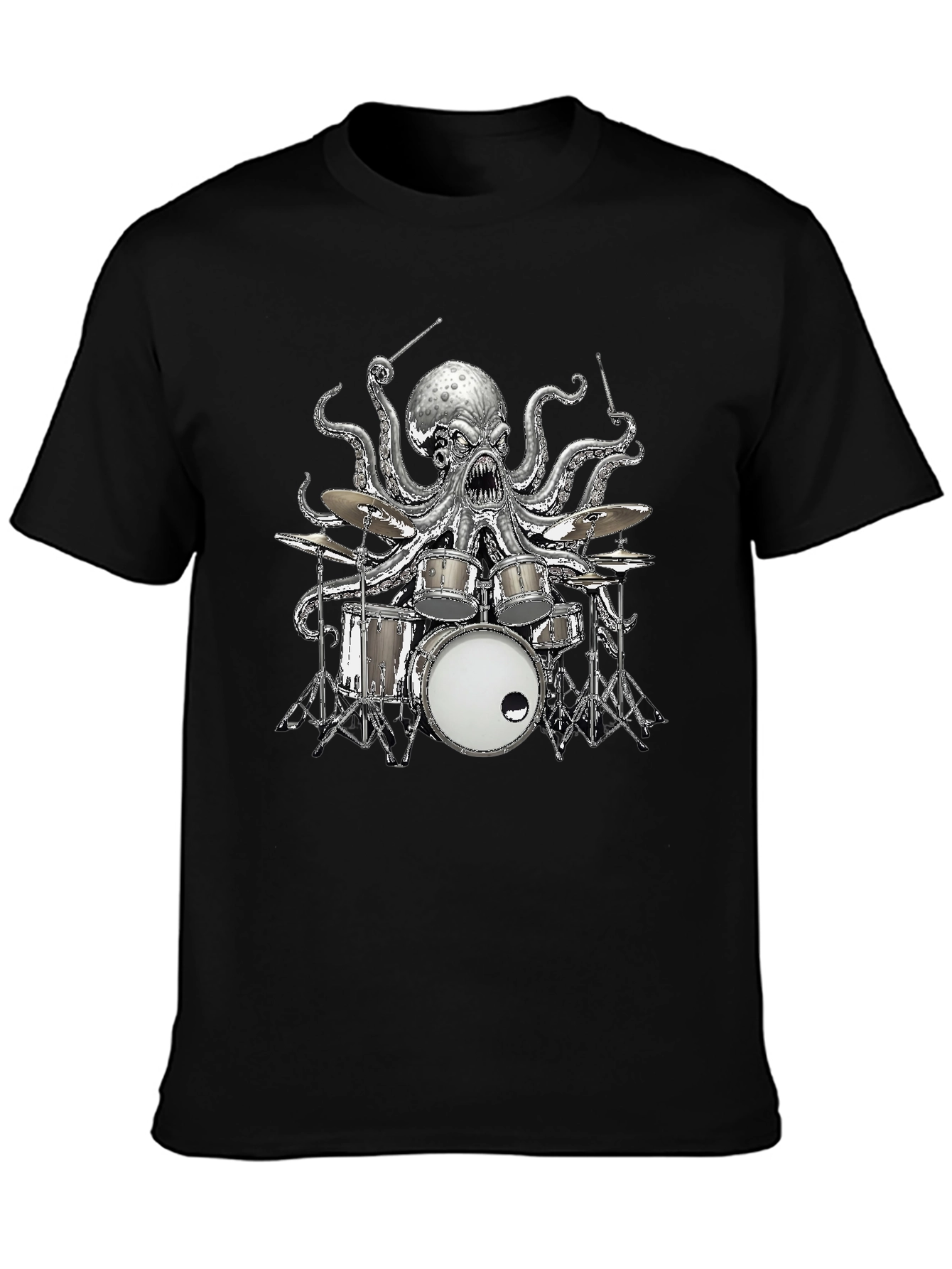 Octopus Drummer Graphic T-Shirt - Black Cotton Tee