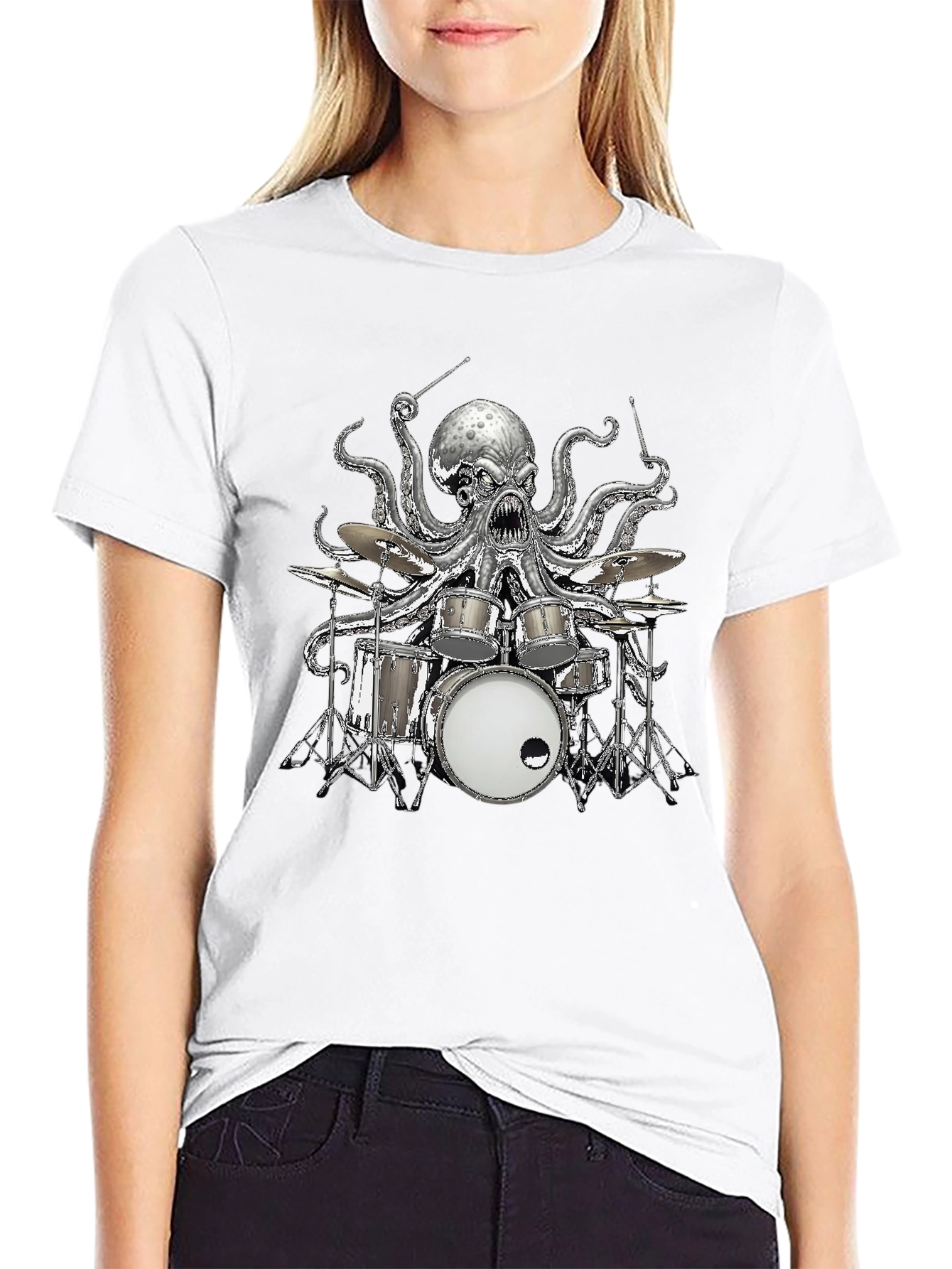 Octopus Drummer Graphic T-Shirt - Black Cotton Tee