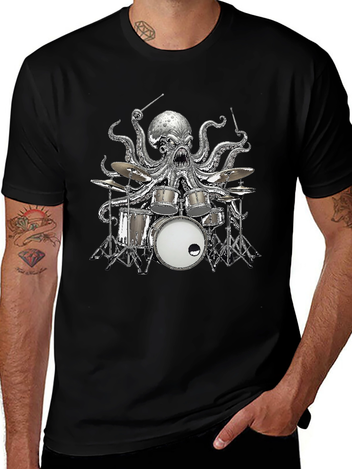 Octopus Drummer Graphic T-Shirt - Black Cotton Tee