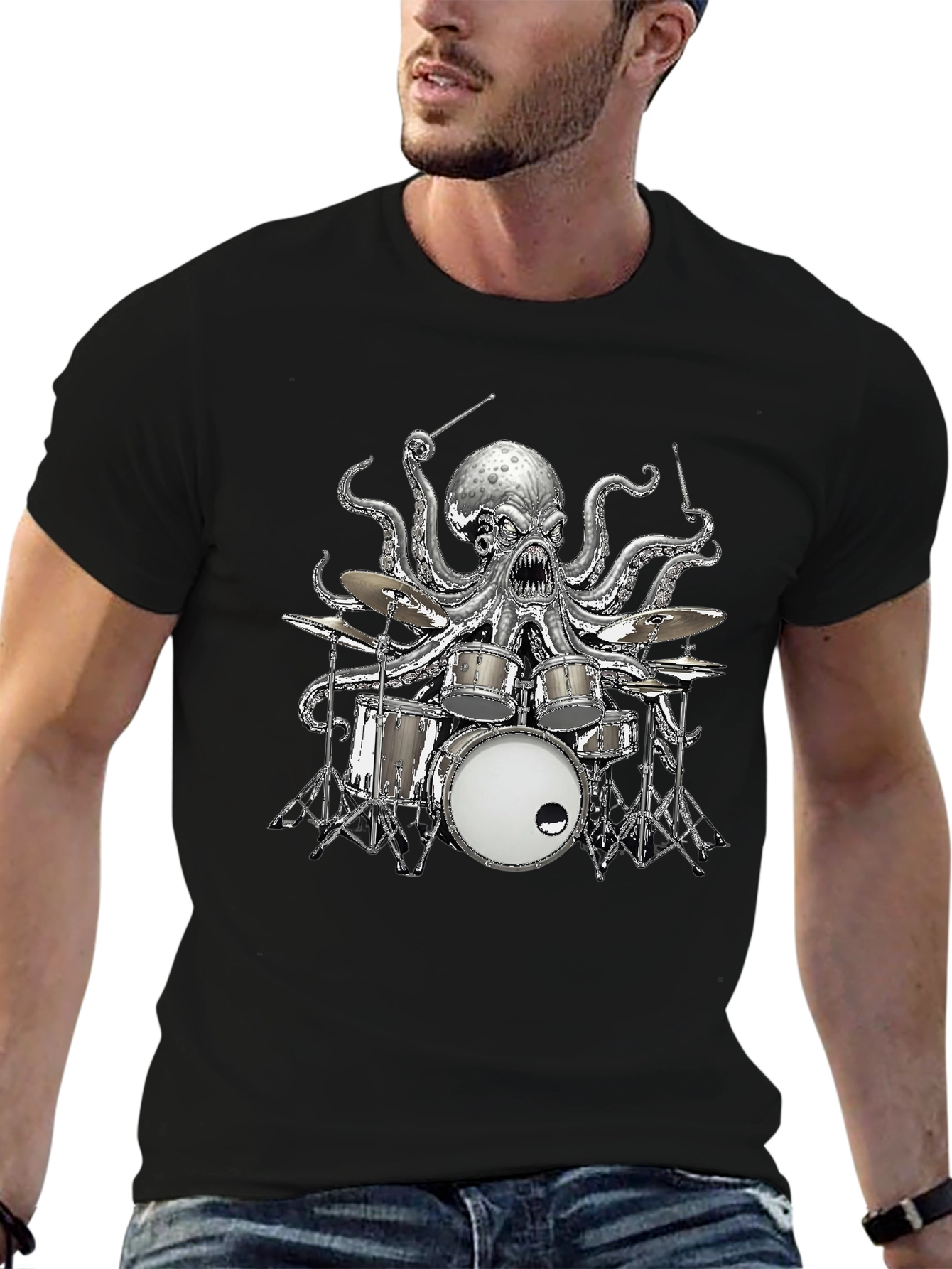 Octopus Drummer Graphic T-Shirt - Black Cotton Tee