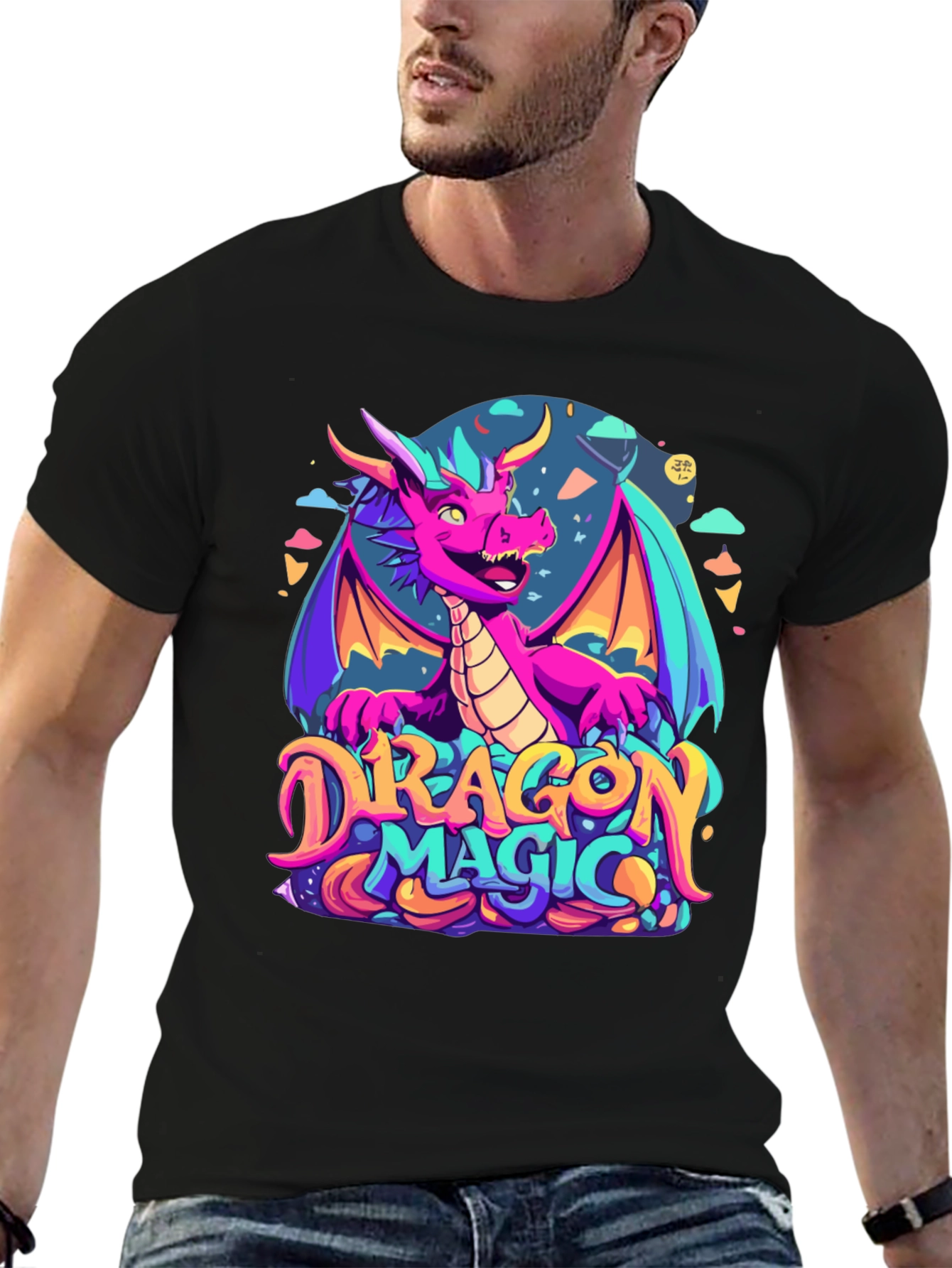 Dragon Magic Graphic Tee - Fantasy Style Black T-Shirt