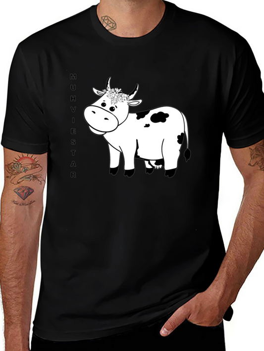 Cow T-Shirt - Black Cotton Tee with Floral Crown Cow Graphic