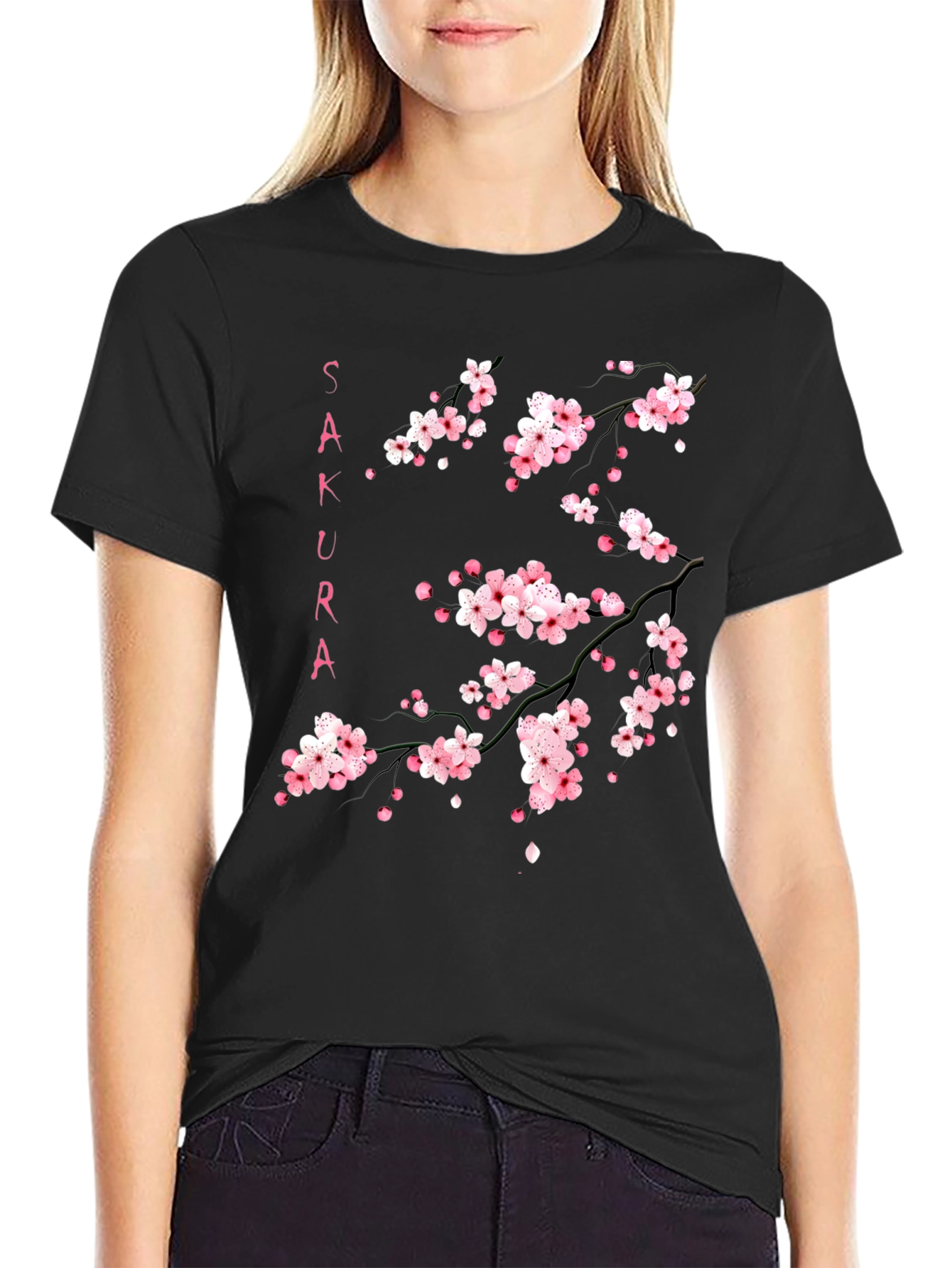 Sakura Branch Graphic Print Black T-Shirt