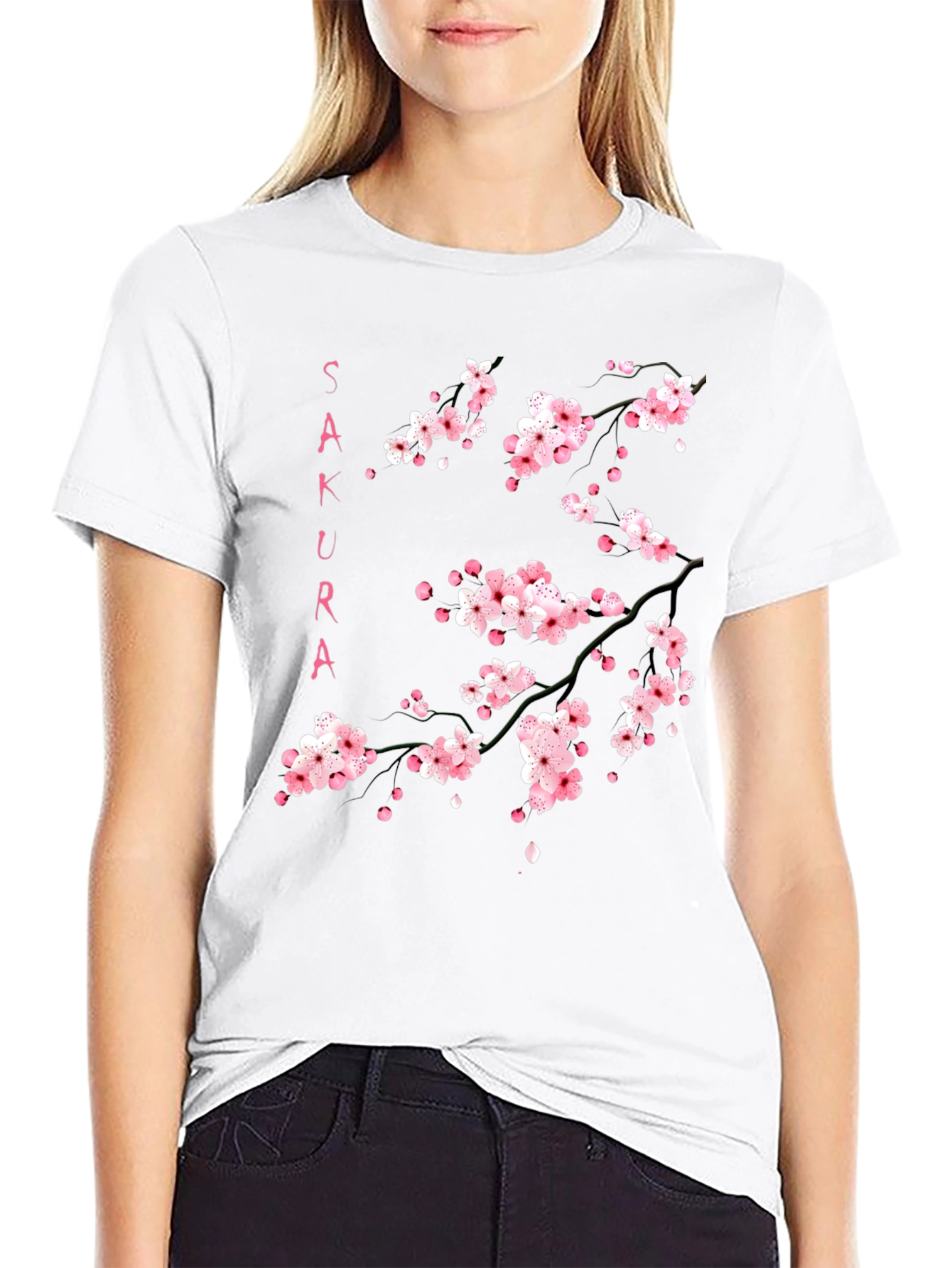 Sakura Branch Graphic Print Black T-Shirt