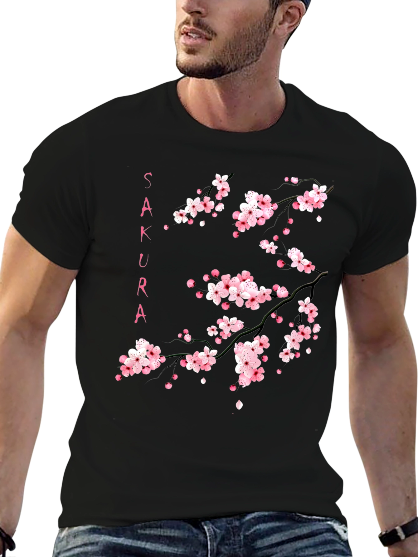 Sakura Branch Graphic Print Black T-Shirt