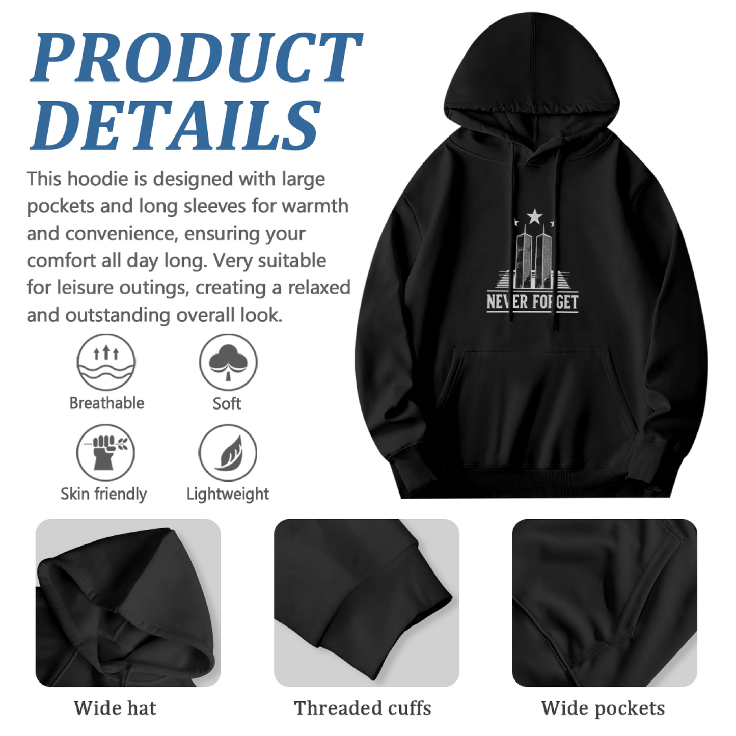 Never Forget Minimalist Twin Towers 9/11 Patriot Day Hoodie