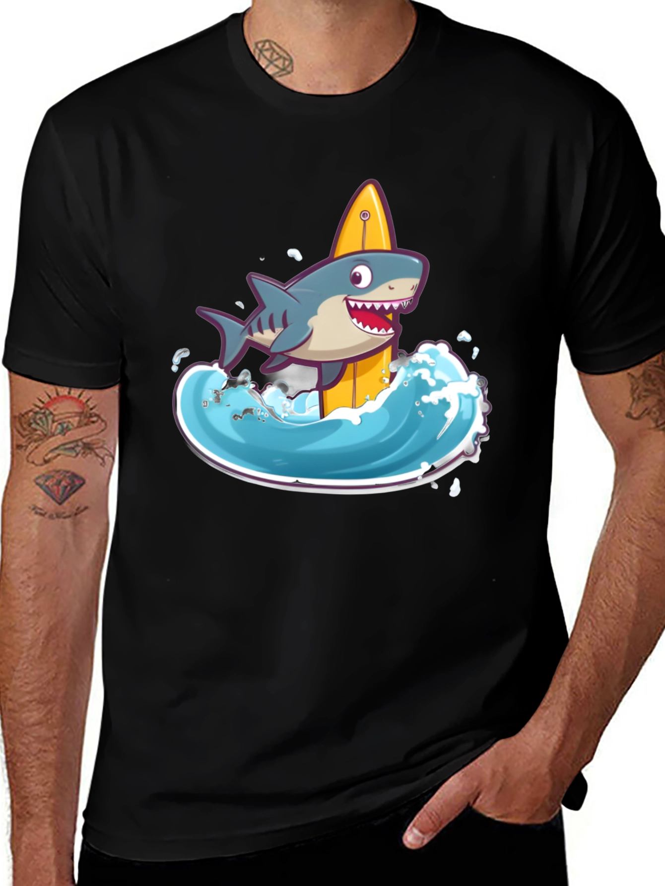 Surfing Shark Graphic Tee - Black