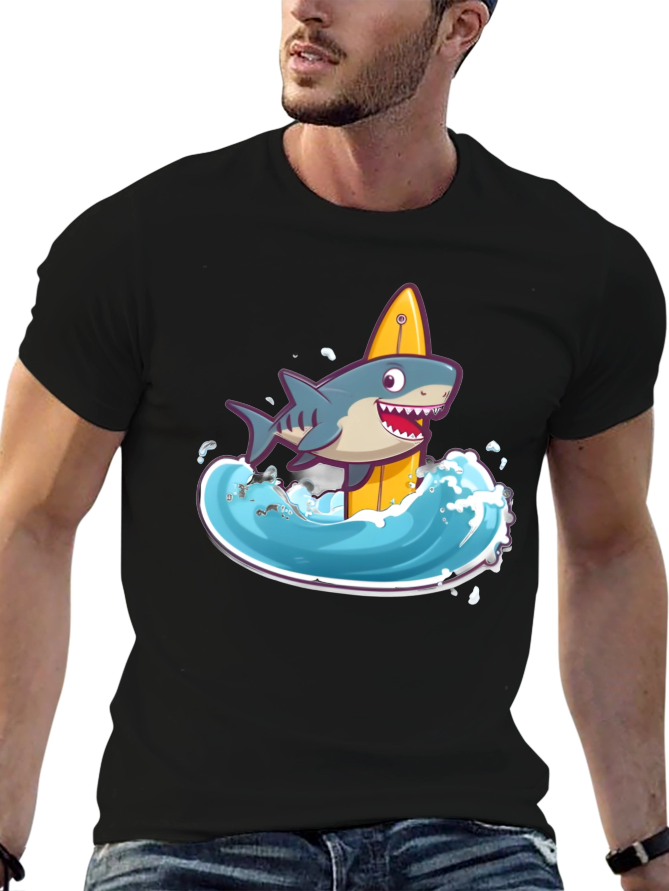Surfing Shark Graphic Tee - Black