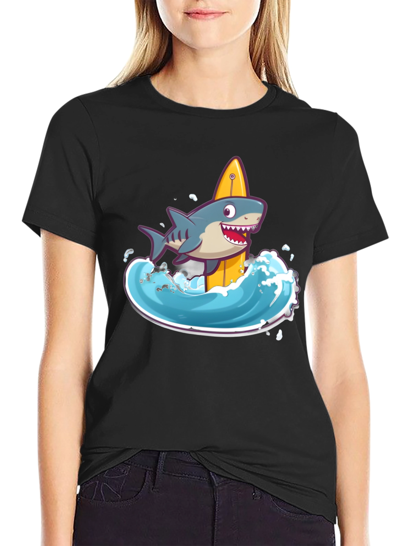 Surfing Shark Graphic Tee - Black