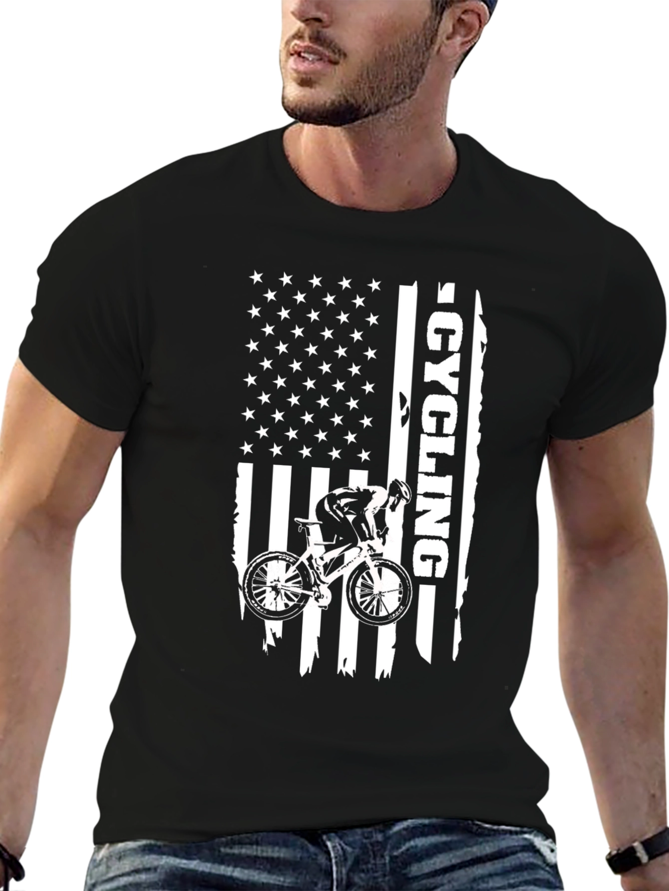 Cycling American Flag Black Graphic Tee