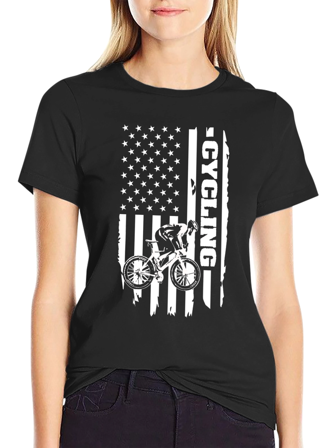 Cycling American Flag Black Graphic Tee