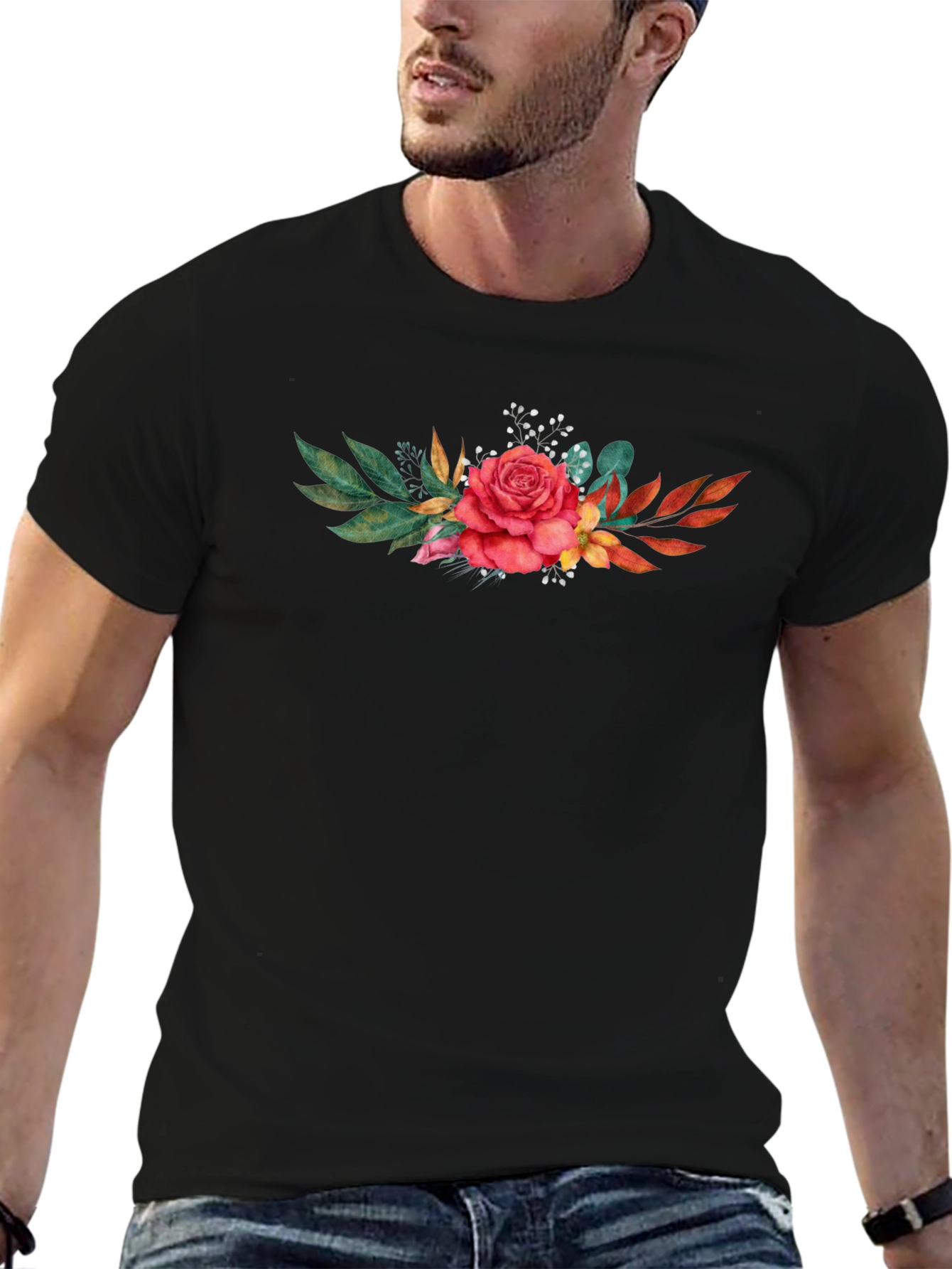 Floral Rose T-Shirt - Stylish Black Tee