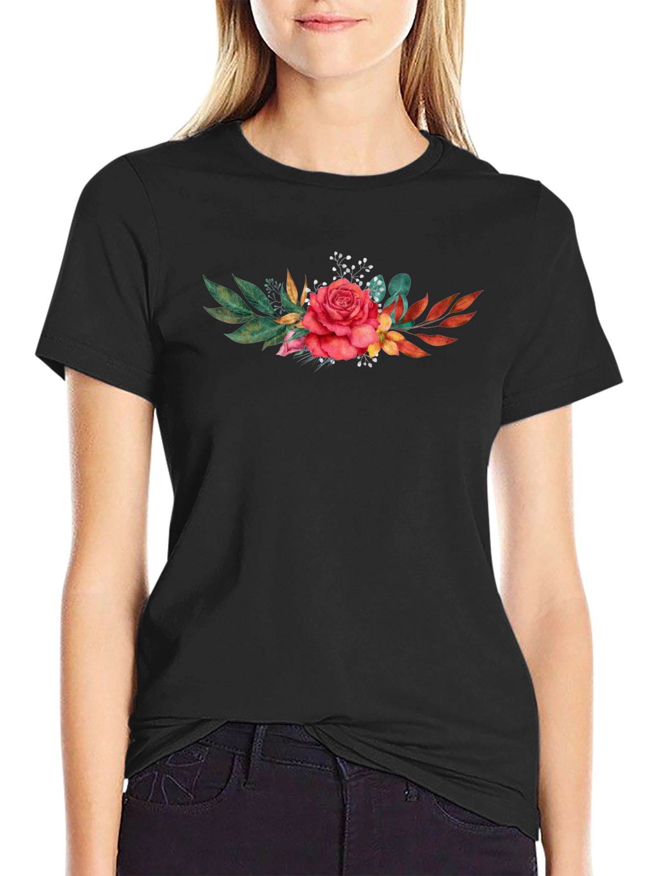 Floral Rose T-Shirt - Stylish Black Tee