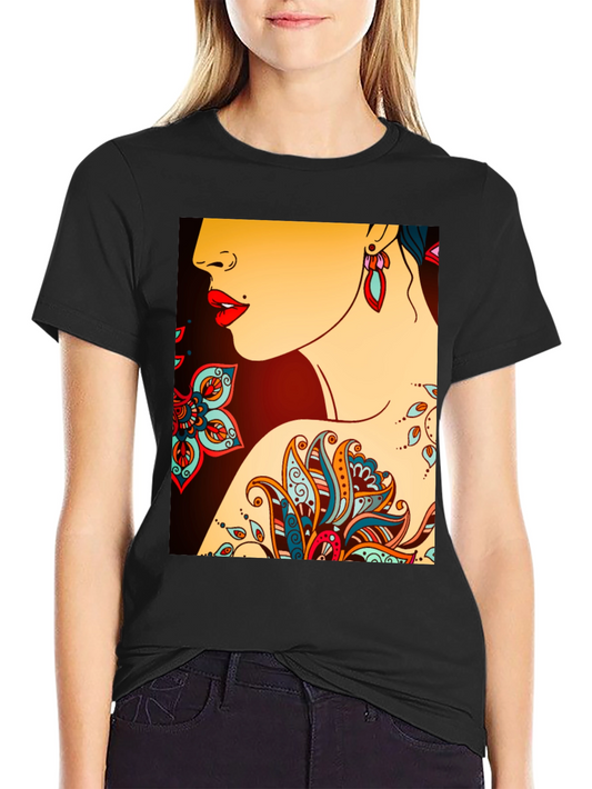 Black Graphic Tee - Woman & Floral Tattoo Design