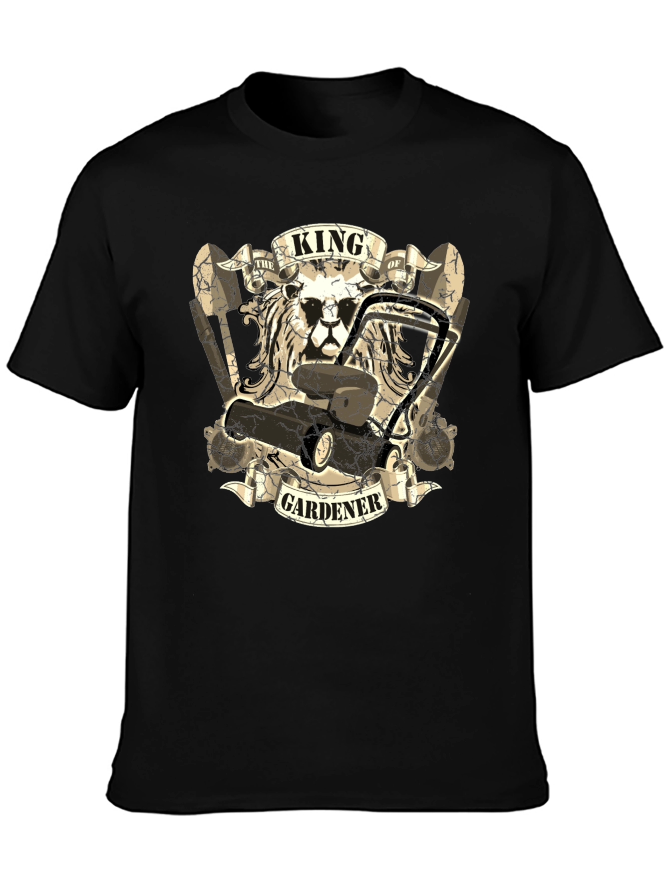 King Gardener T-Shirt: Lion & Lawnmower Design