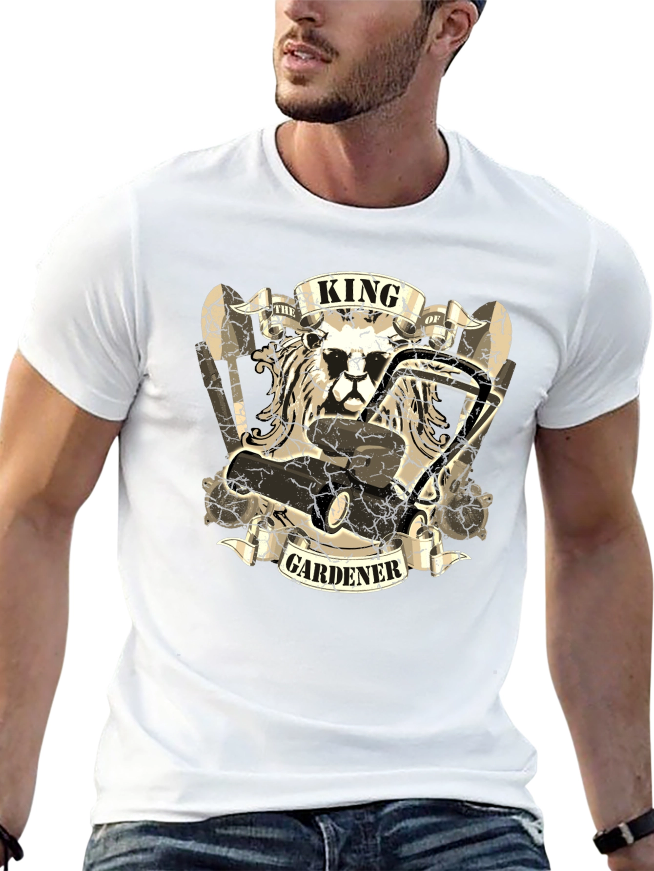 King Gardener T-Shirt: Lion & Lawnmower Design
