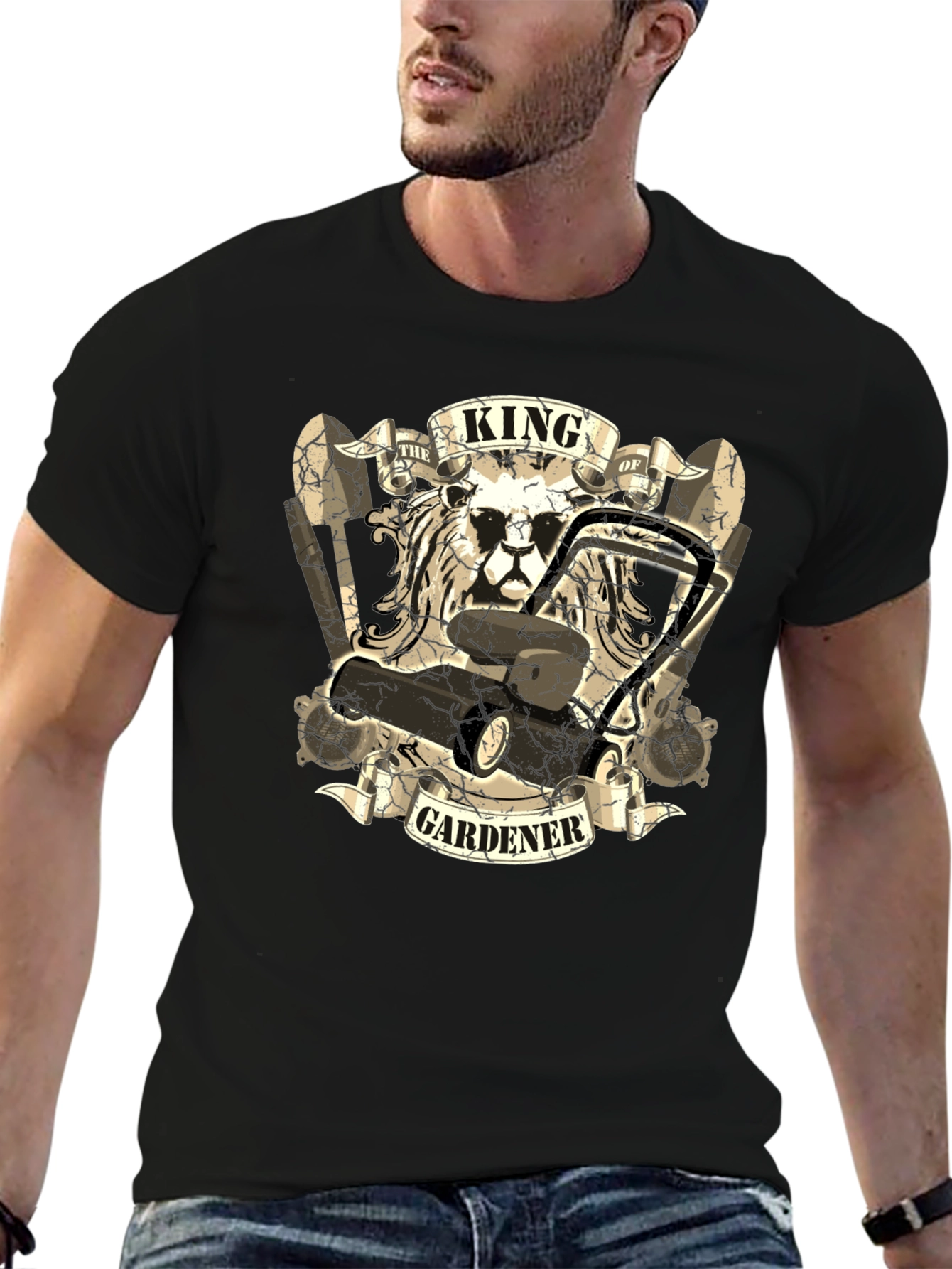 King Gardener T-Shirt: Lion & Lawnmower Design