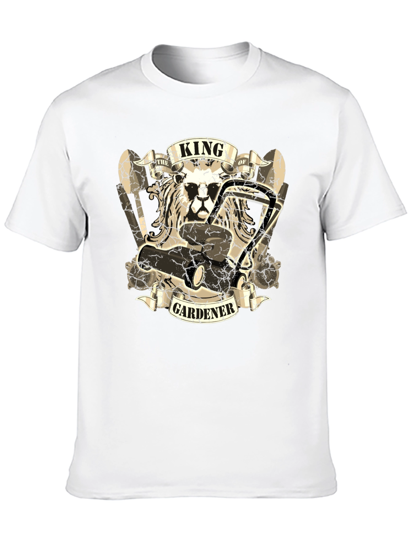 King Gardener T-Shirt: Lion & Lawnmower Design