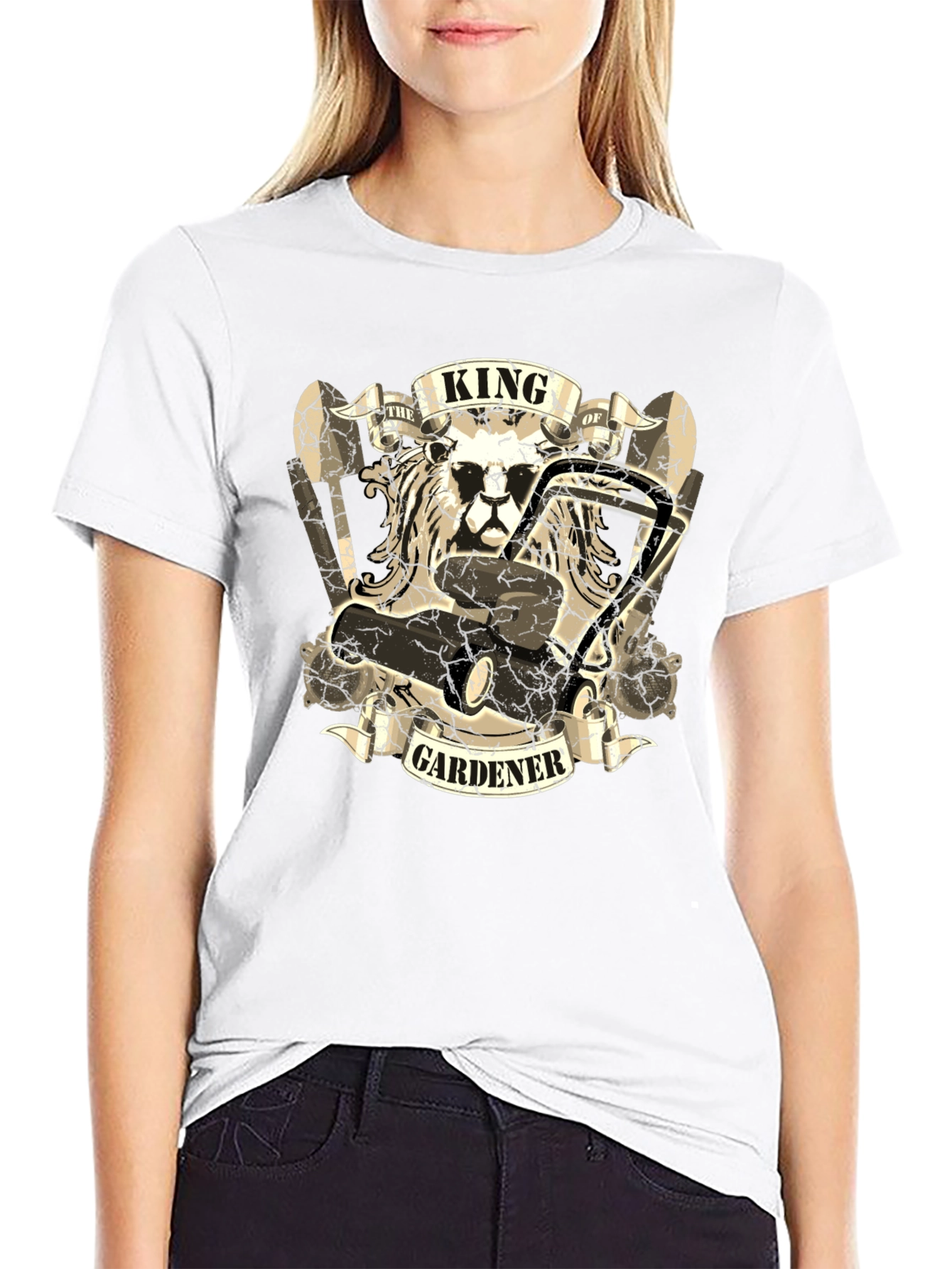 King Gardener T-Shirt: Lion & Lawnmower Design