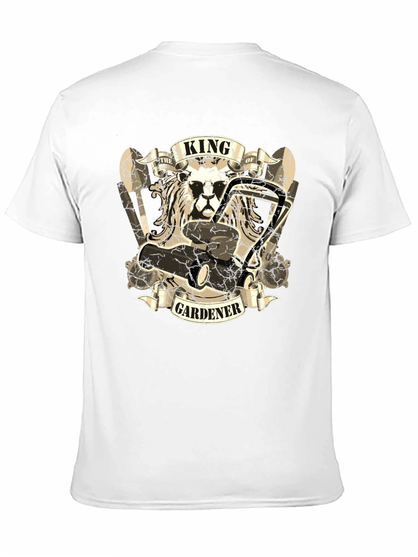 King Gardener T-Shirt: Lion & Lawnmower Design