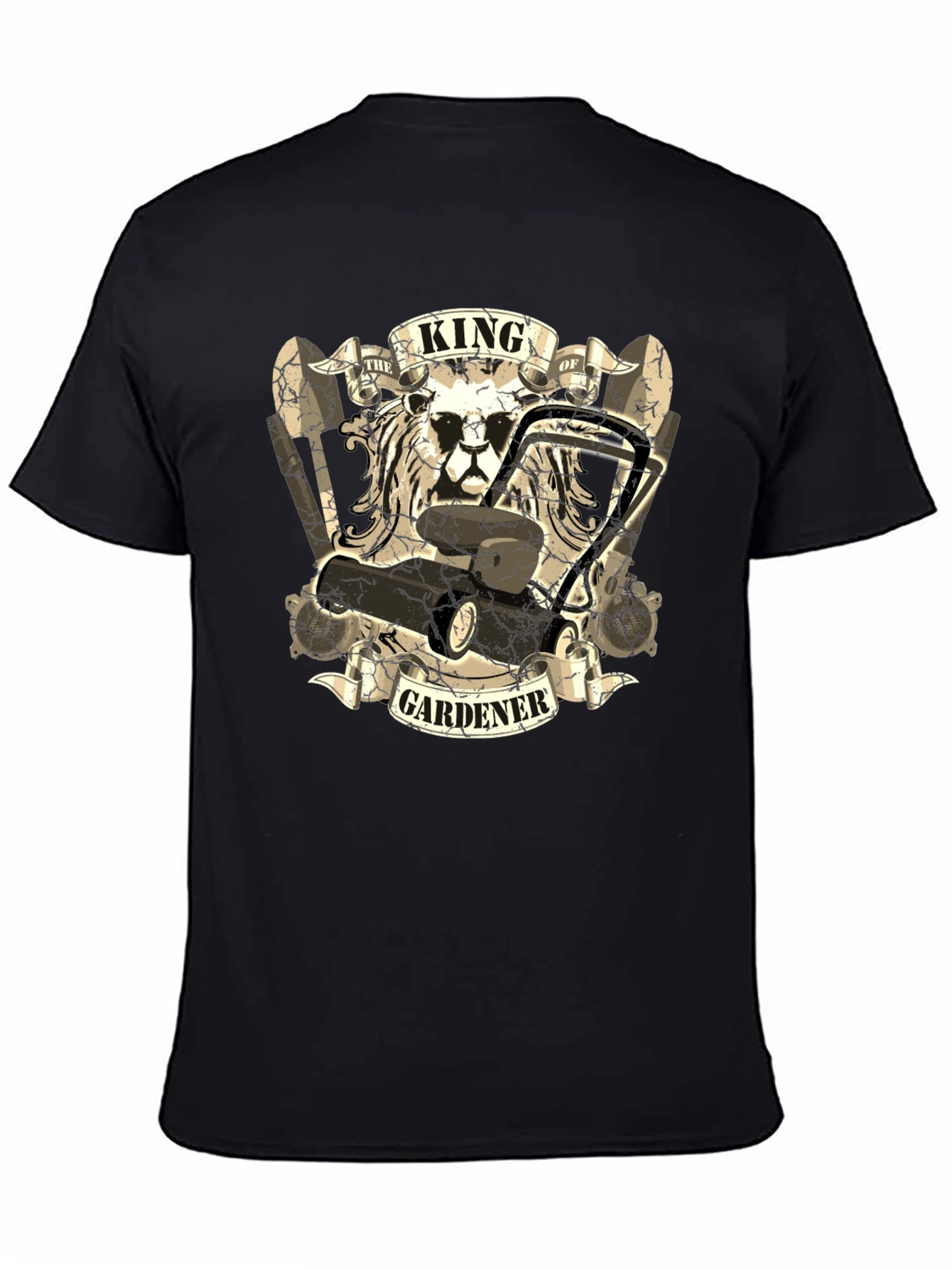 King Gardener T-Shirt: Lion & Lawnmower Design