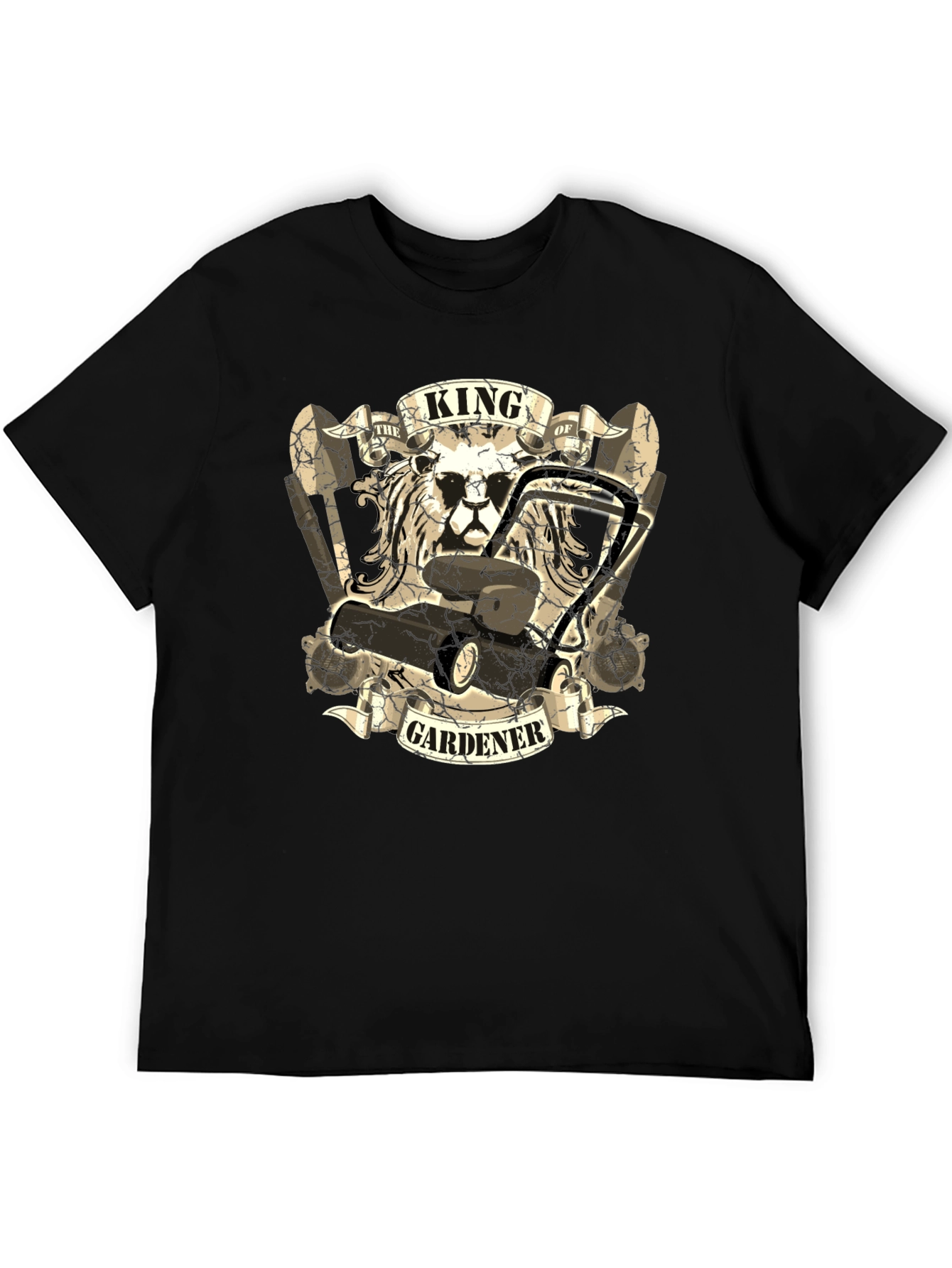 King Gardener T-Shirt: Lion & Lawnmower Design