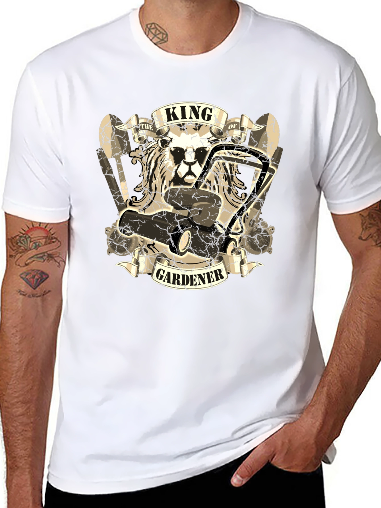 King Gardener T-Shirt: Lion & Lawnmower Design