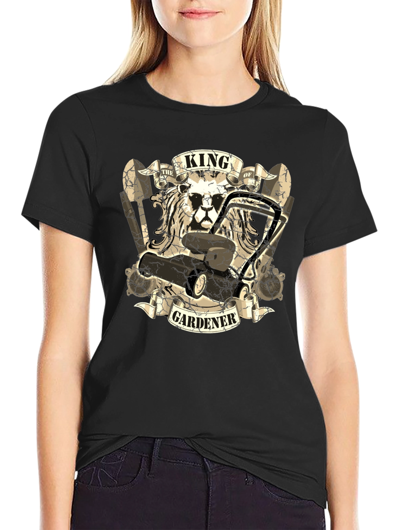 King Gardener T-Shirt: Lion & Lawnmower Design