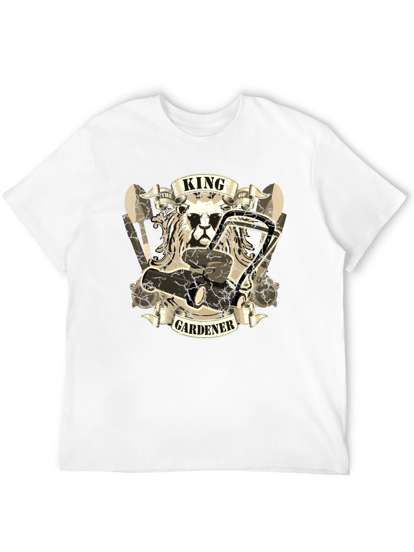 King Gardener T-Shirt: Lion & Lawnmower Design