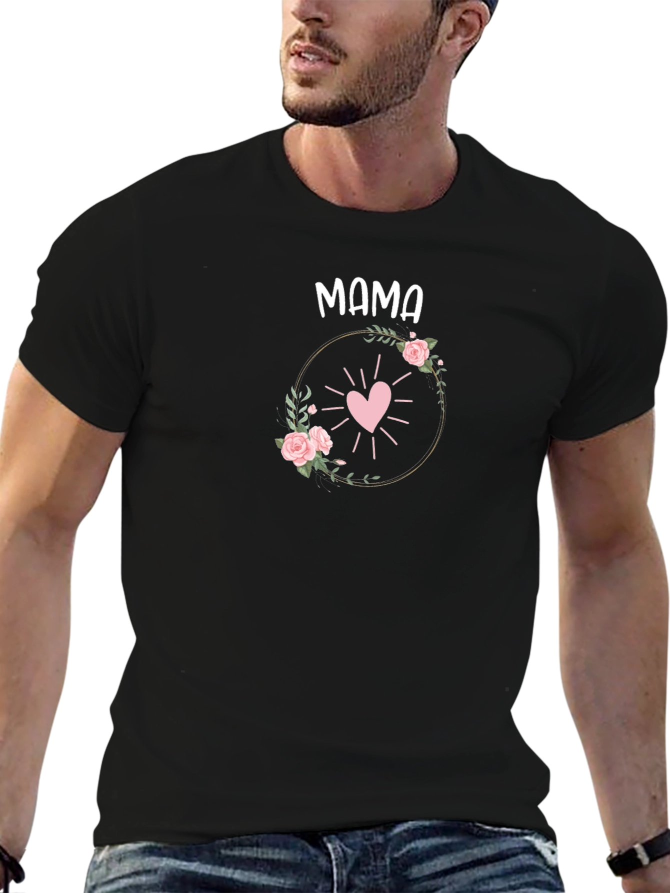 Mama Heart Floral Graphic Tee - Black