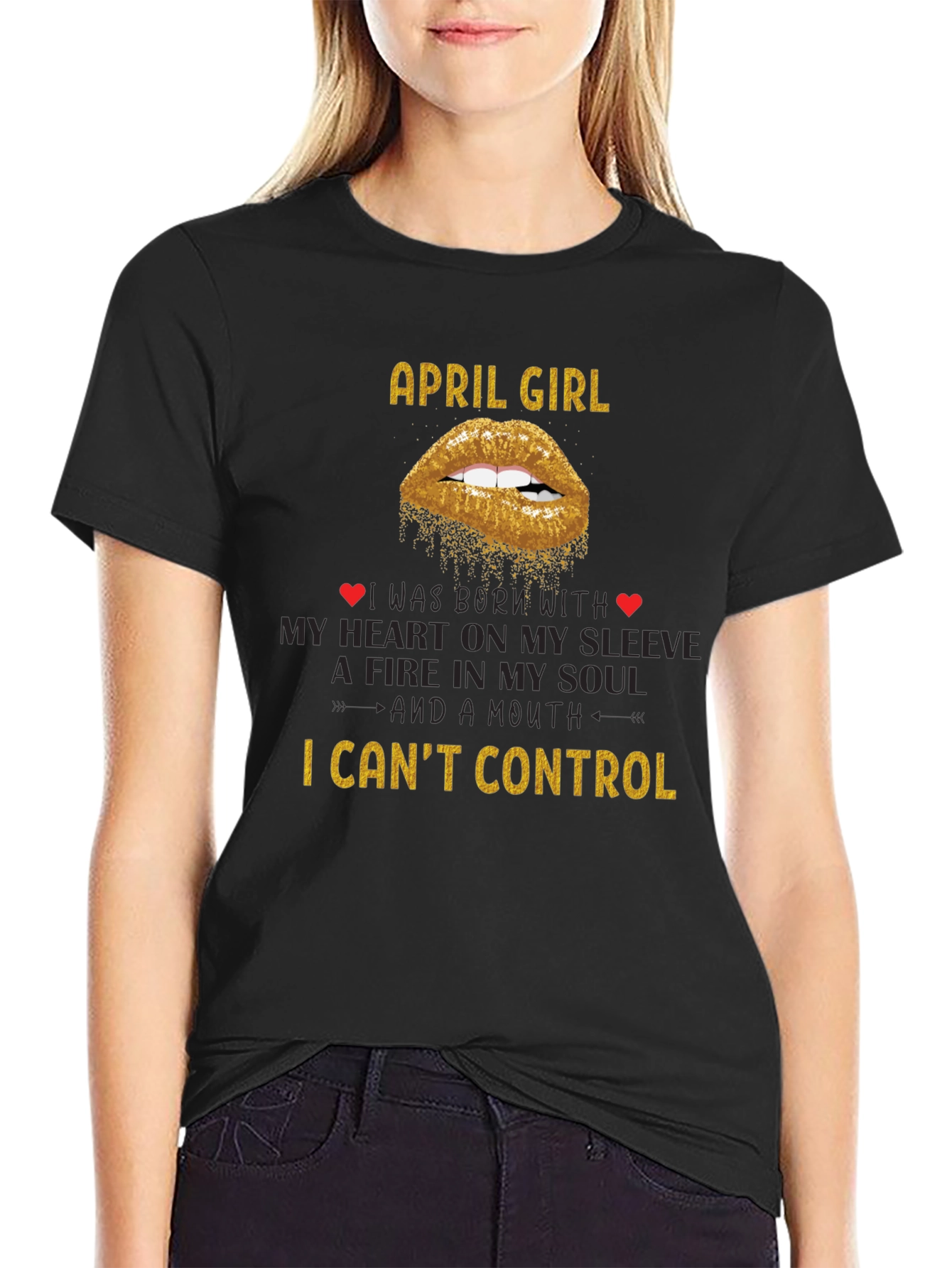 April Girl T-Shirt - Gold Glitter Lips Design