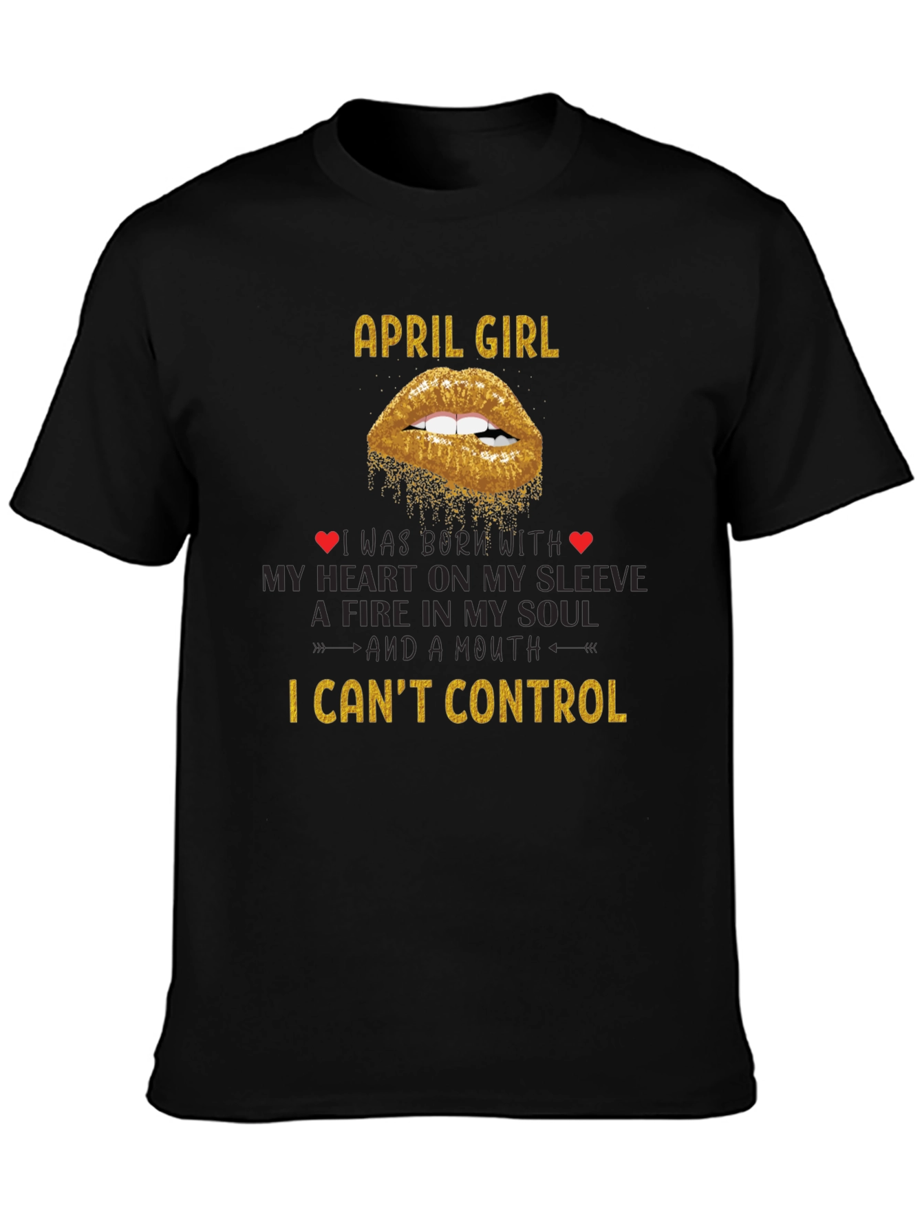 April Girl T-Shirt - Gold Glitter Lips Design