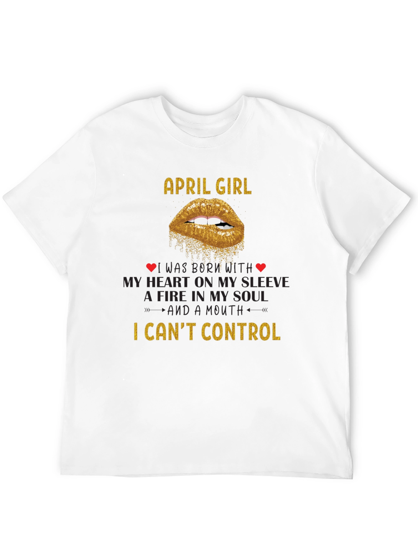 April Girl T-Shirt - Gold Glitter Lips Design